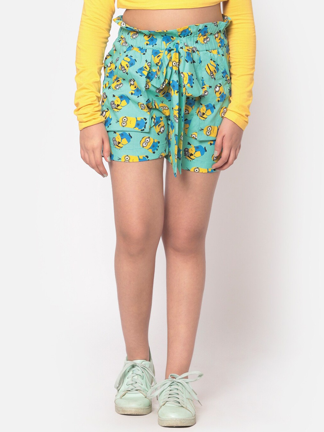 

MINOS Girls Green Printed Minions Slim Fit High-Rise Shorts