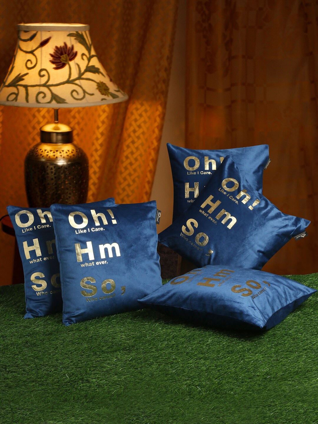 

HOSTA HOMES Blue & Gold-Toned Set of 5 Geometric Velvet Square Cushion Covers