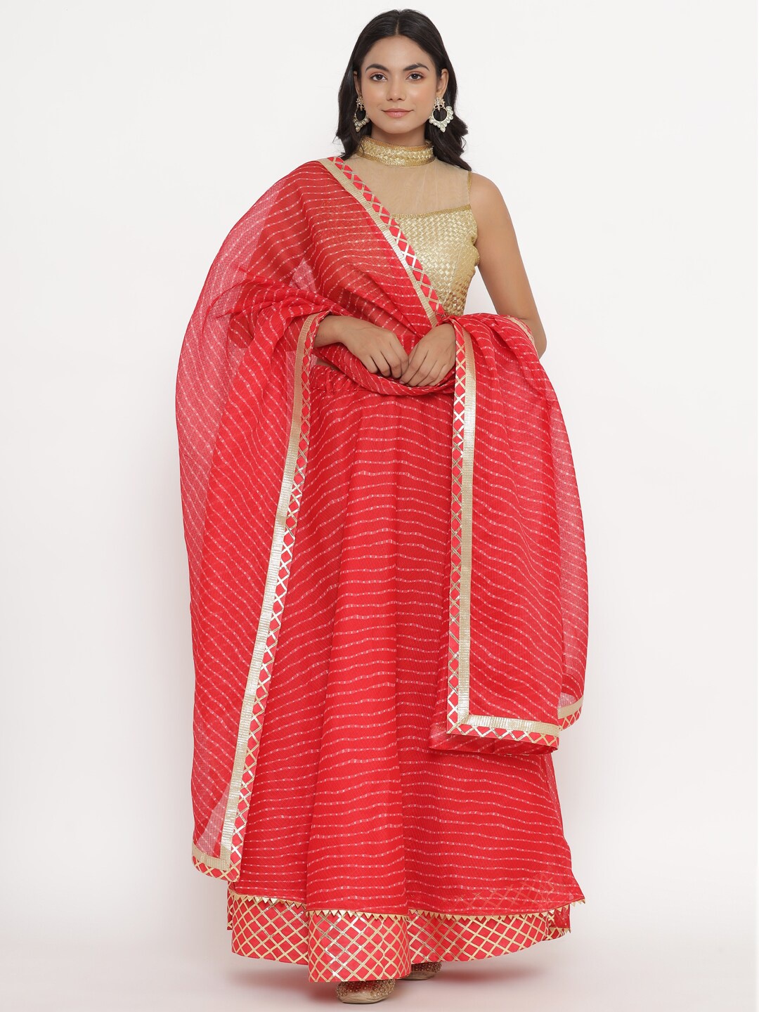 

Kesarya Red & Gold-Toned Embellished Ready to Wear Lehenga & Unstitched Blouse With Dupatta