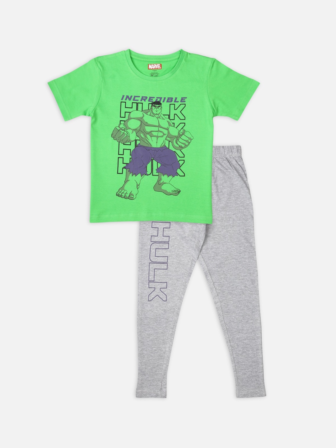 

Nap Chief Kids Lime Green & Grey Hulk Printed Cotton Night suit