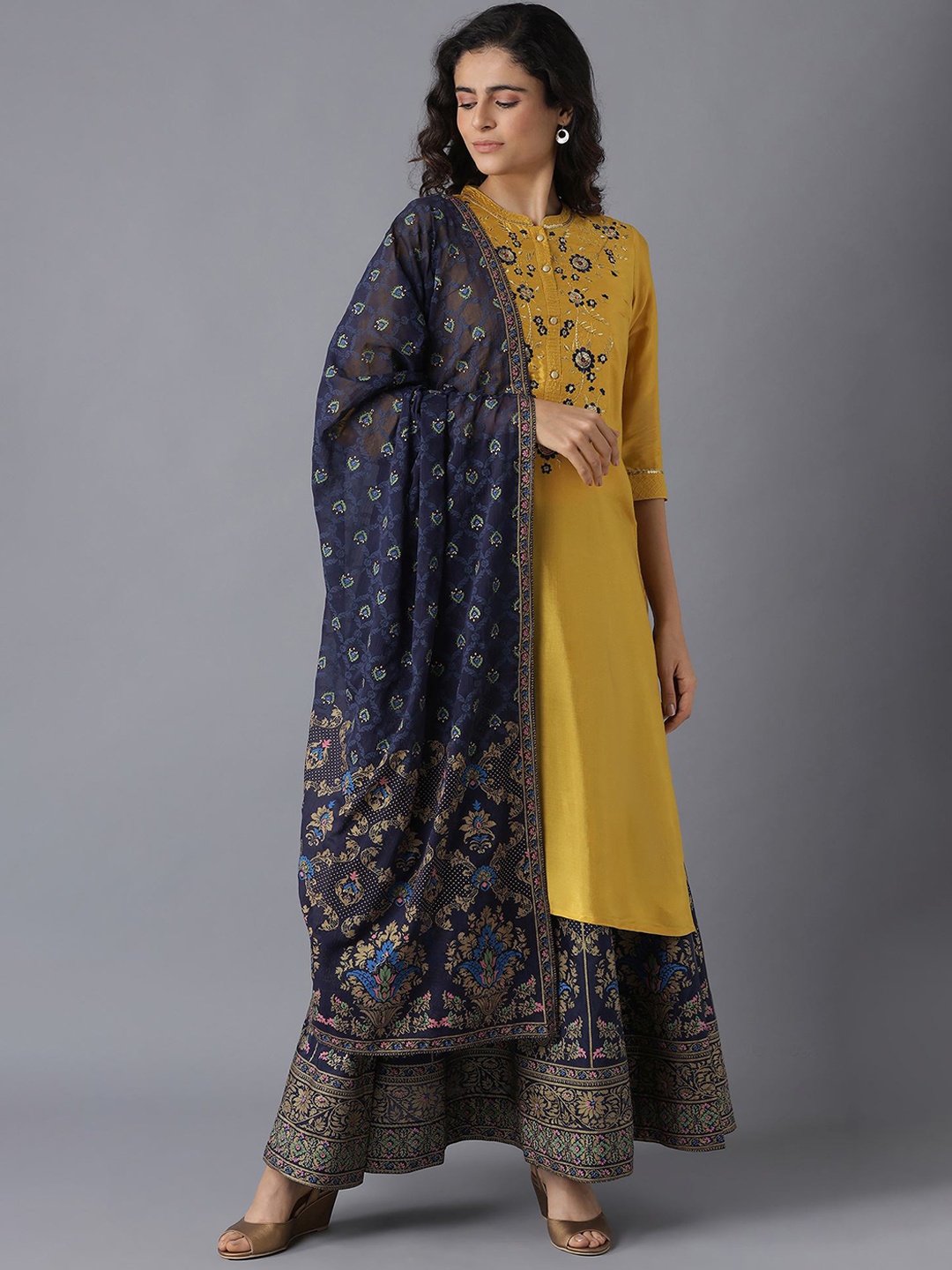 

AURELIA Women Yellow Floral Embroidered Kurta with Skirt & With Dupatta