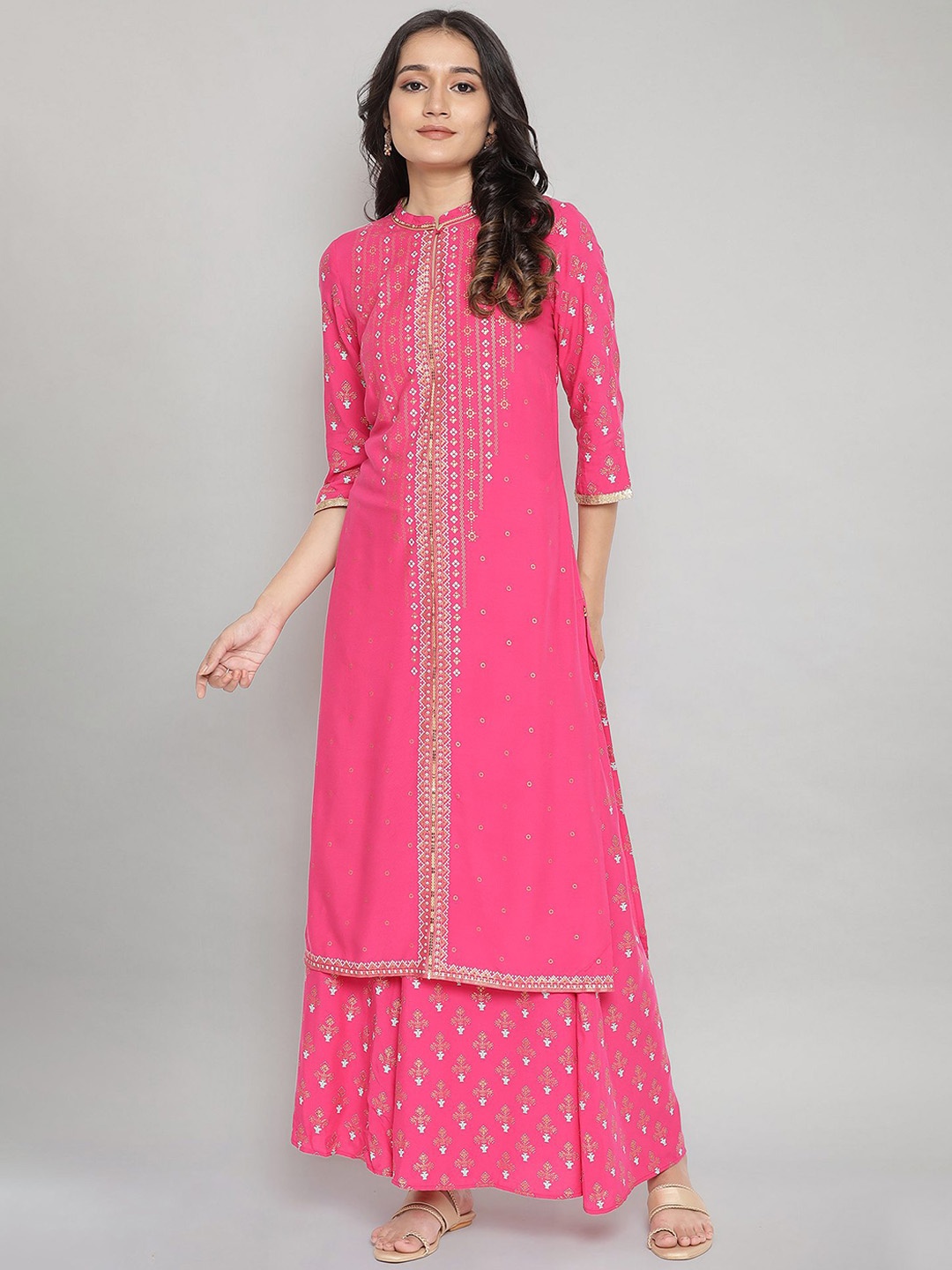 

AURELIA Women Pink Geometric Yoke Design Keyhole Neck Mirror Work Kurta