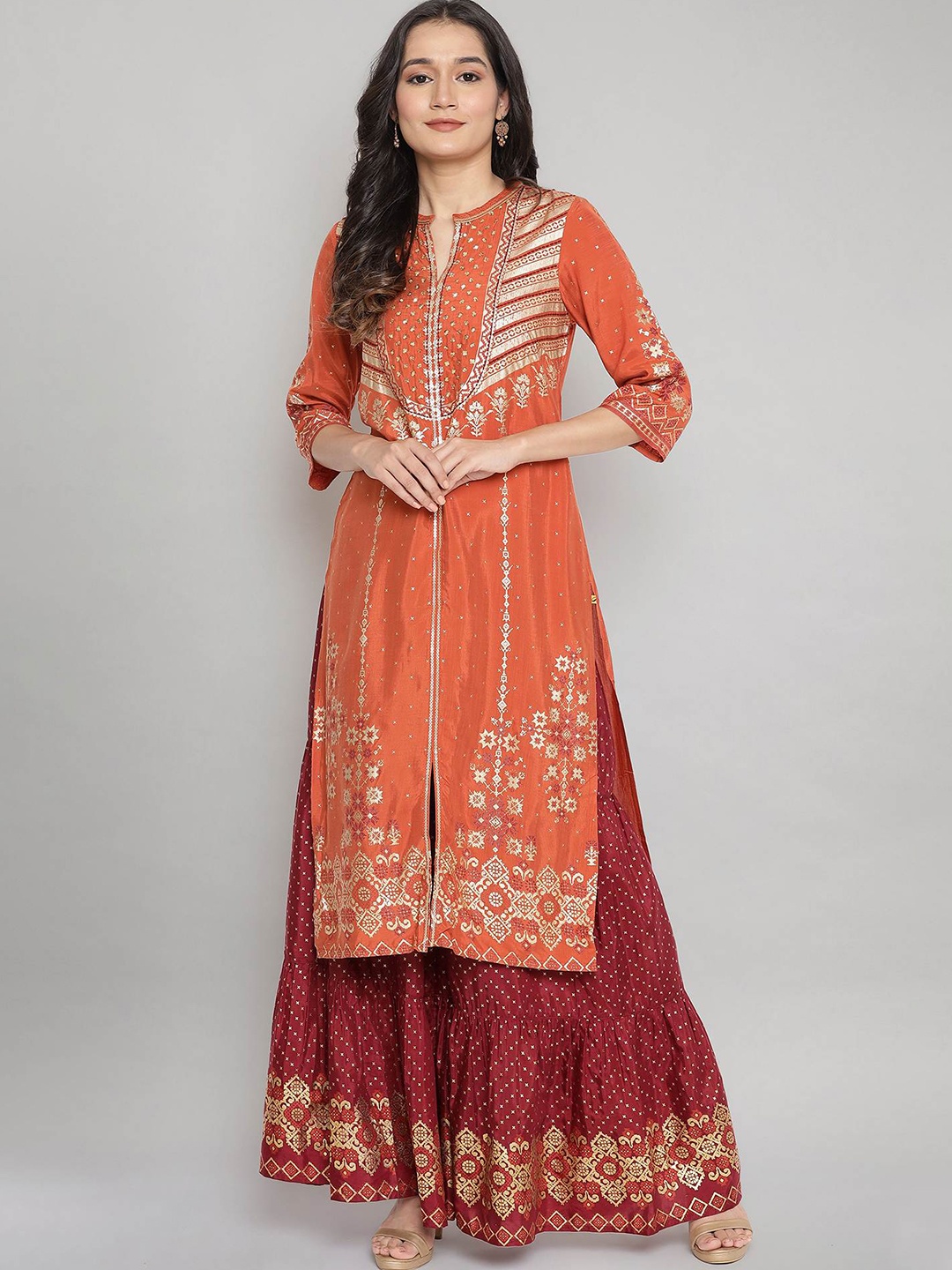 

AURELIA Women Orange Yoke Design Keyhole Neck Flared Sleeves Mirror Work Anarkali Kurta