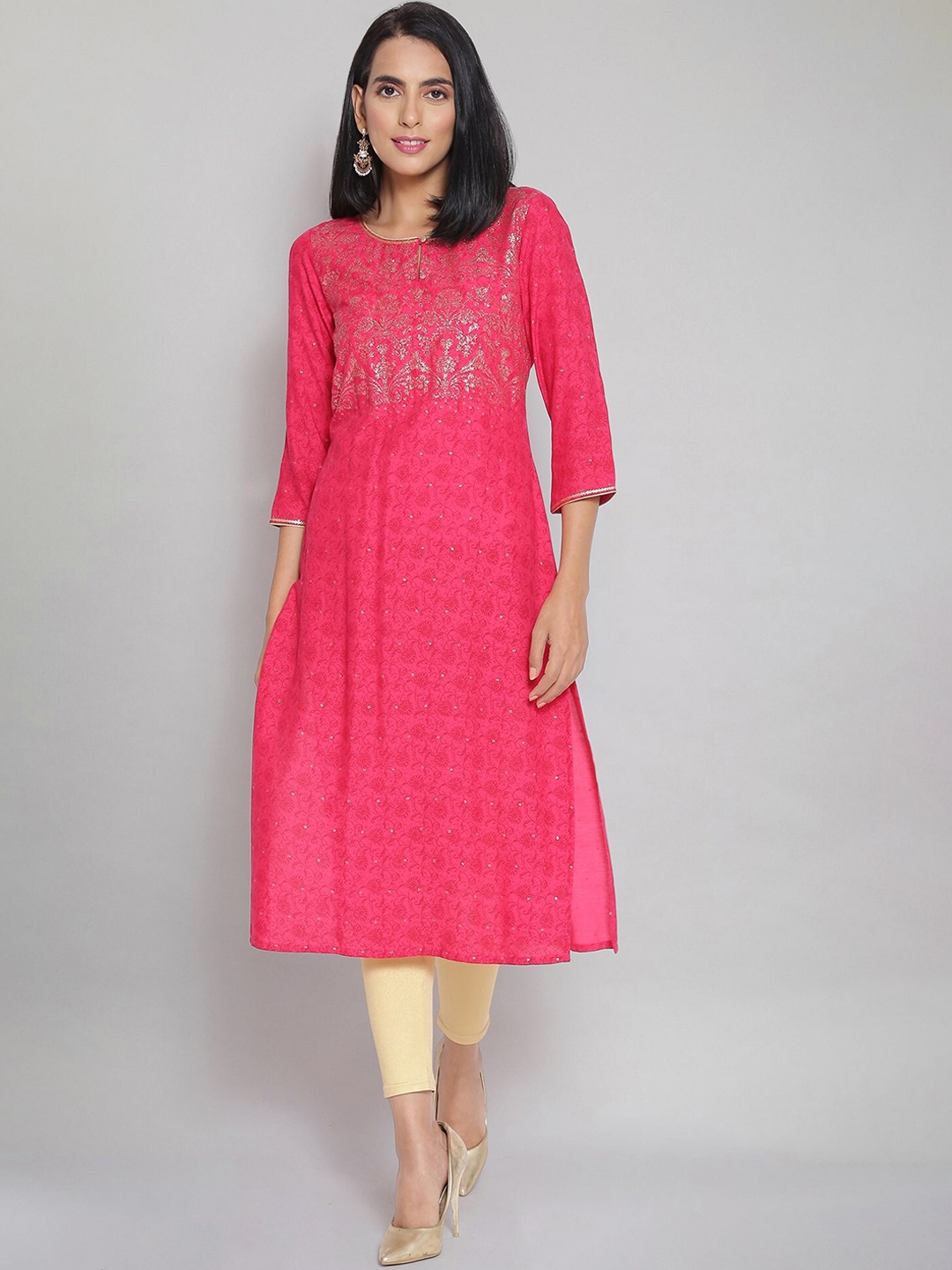 

AURELIA Women Pink Ethnic Motifs Keyhole Neck Thread Work Kurta