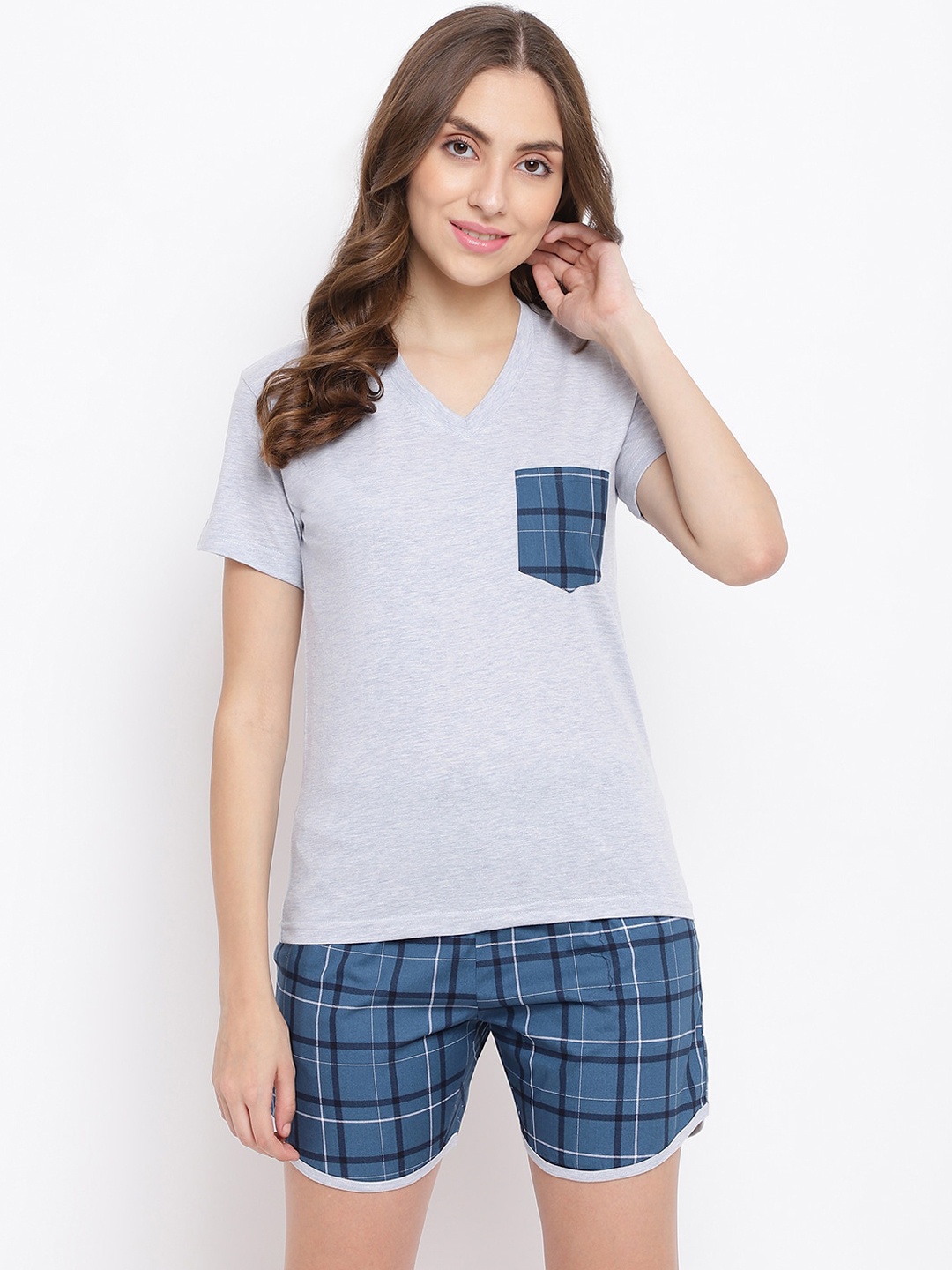 

La Intimo Women Grey & Blue Checked Pure Cotton Night suit