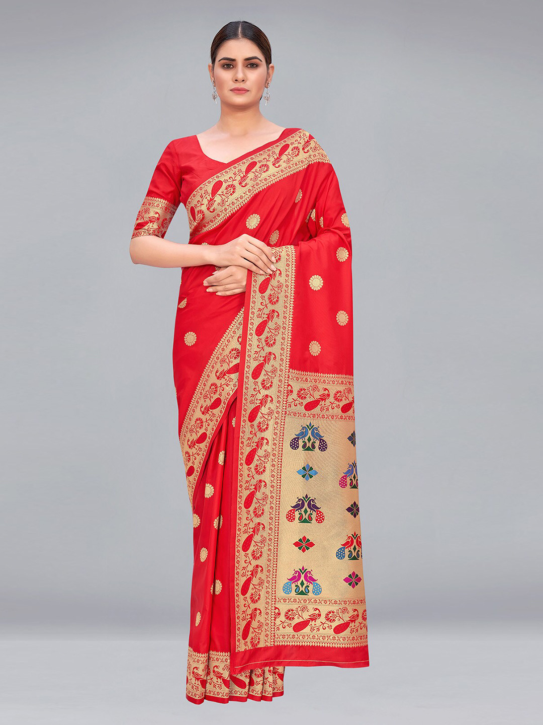 

MONJOLIKA FASHION Red & Gold-Toned Ethnic Motifs Zari Silk Blend Paithani Saree