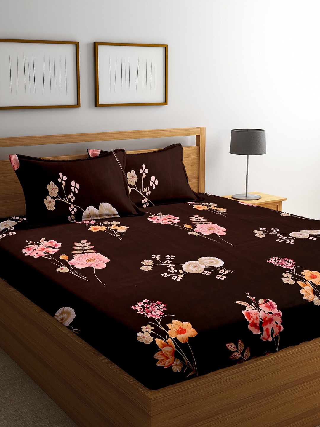 

Cortina Brown & Pink Floral 152 TC Queen Bedsheet with 2 Pillow Covers