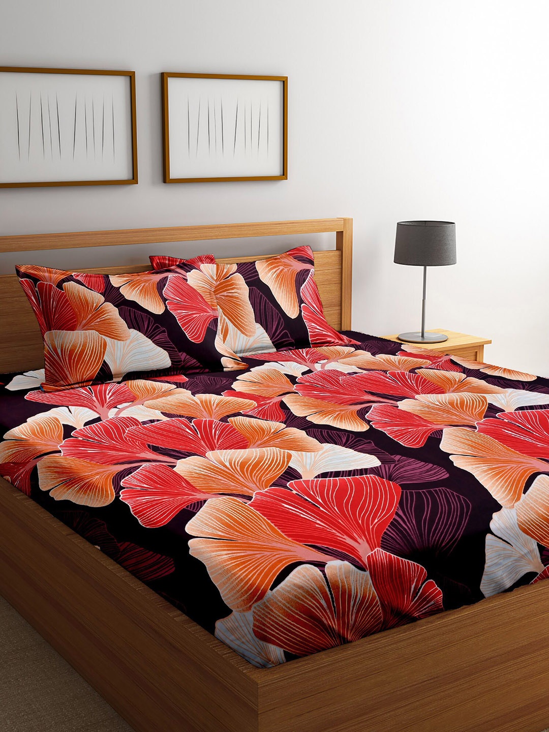 

Cortina Red & Orange Floral 152 TC Queen Bedsheet with 2 Pillow Covers