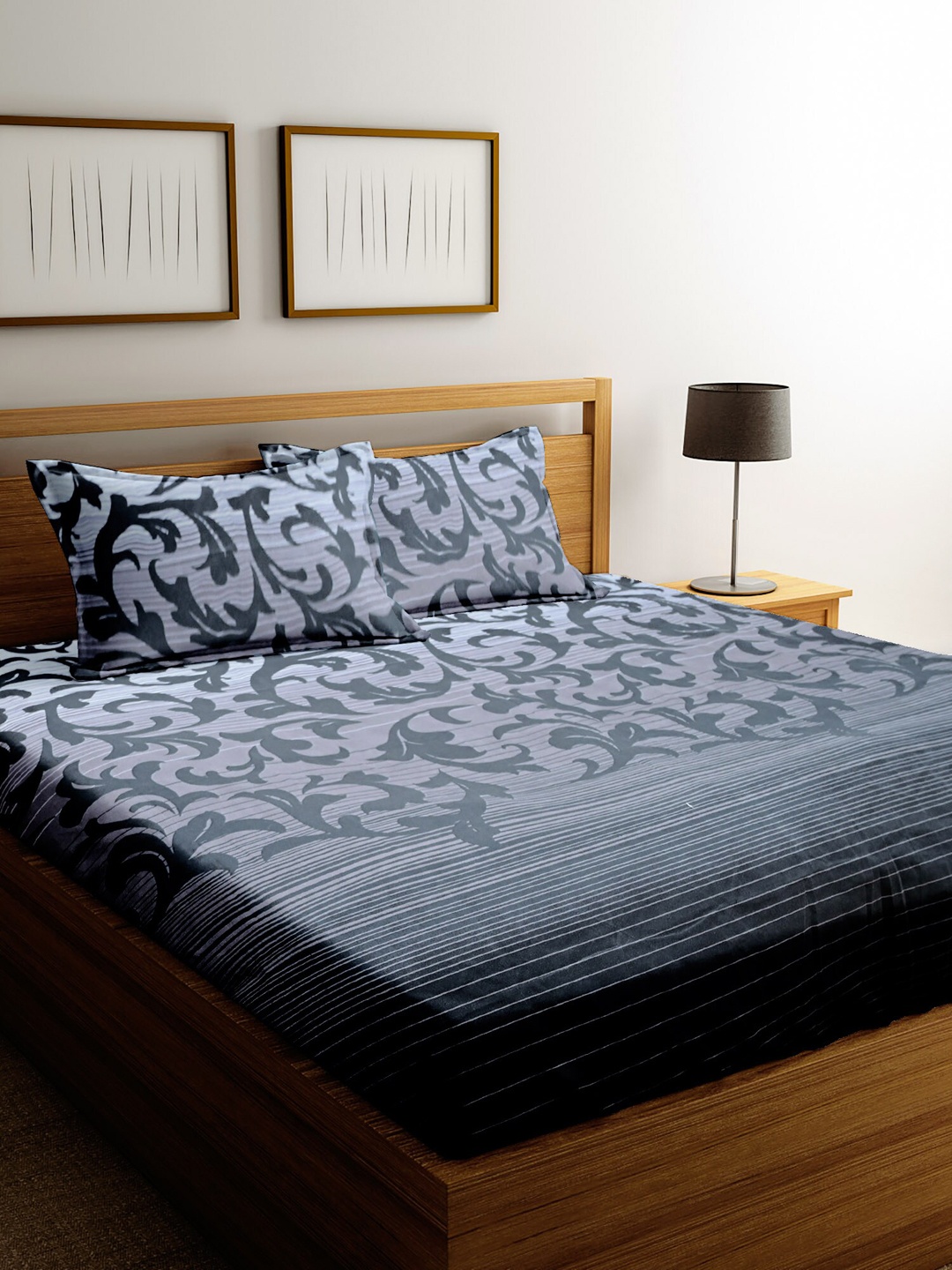 

Cortina Grey Floral Printed 152 TC Queen Bedsheet with 2 Pillow Covers