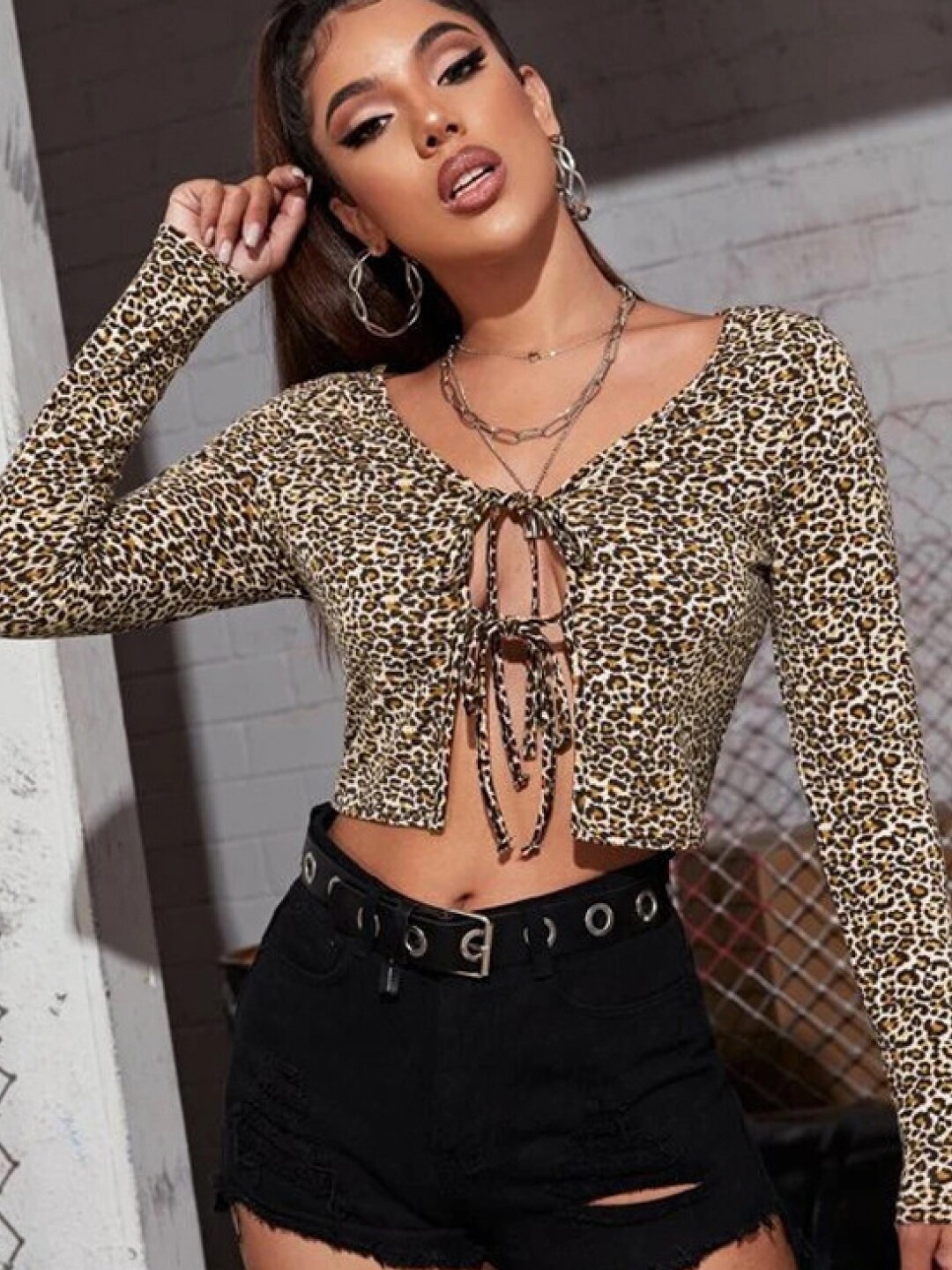 

StyleCast Brown Animal Print Tie-Up Neck Top