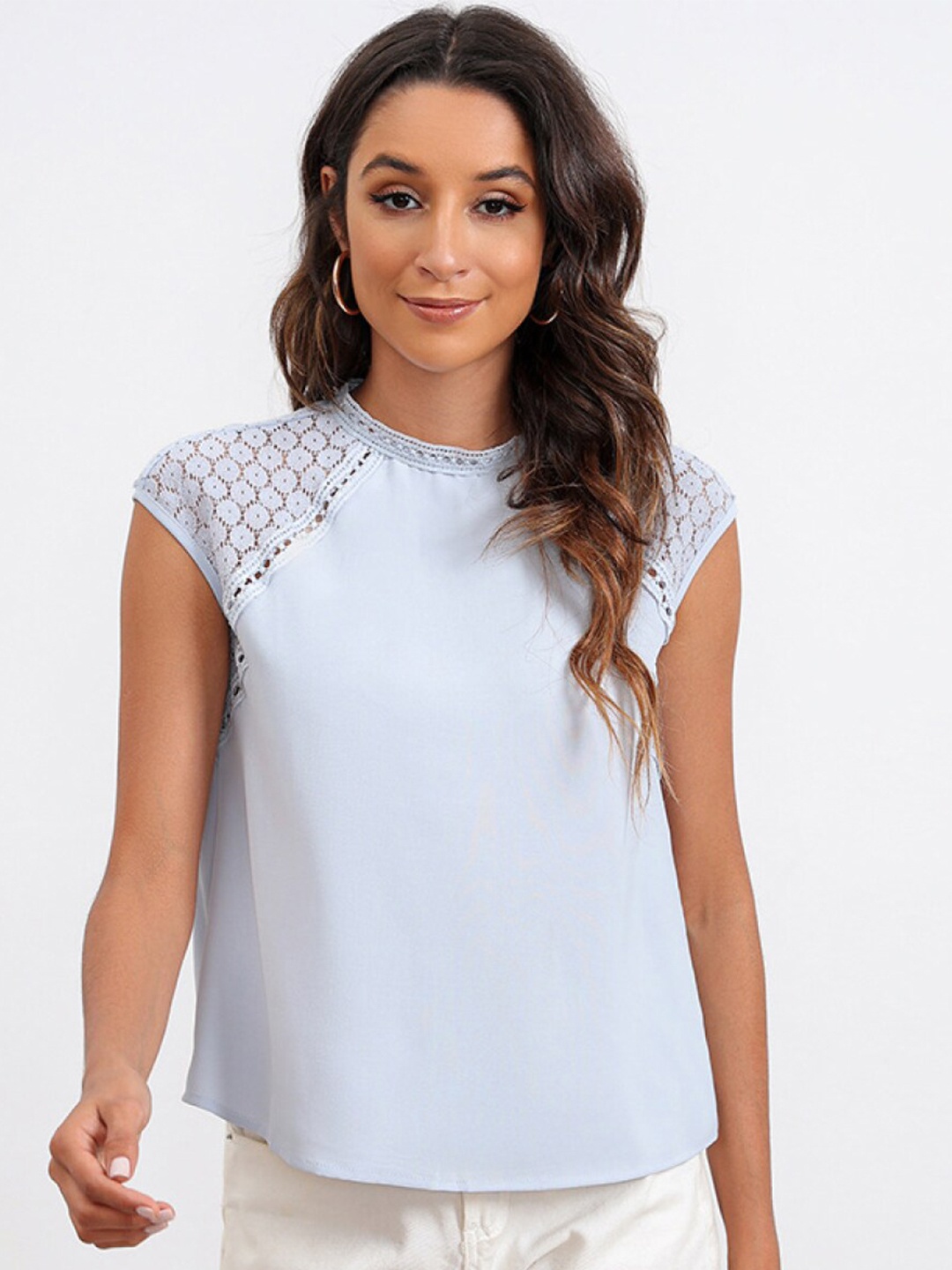

BoStreet Blue Lace Inserts Raglan Sleeves Knitted Top