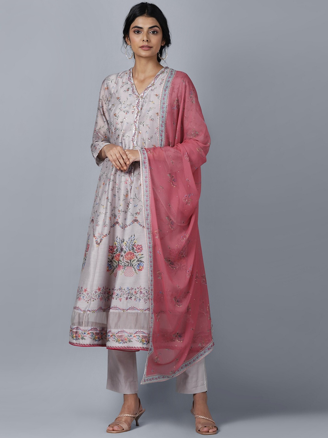 

WISHFUL Women Grey Embroidered Pleated Kurta with Trousers & With Dupatta