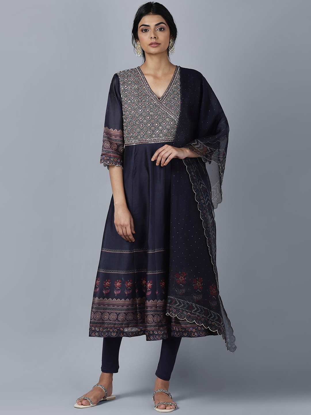 

WISHFUL Women Blue Printed Angrakha Cotton Kurta with Churidar & With Dupatta