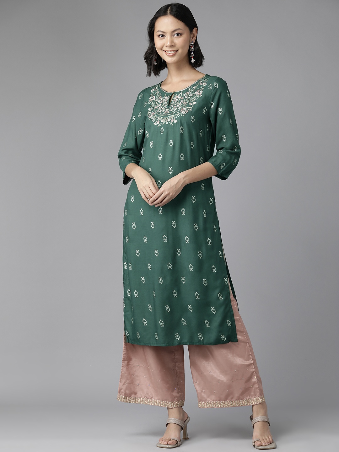 

W Women Ethnic Motifs Print Embroidered Keyhole Neck Straight Kurta, Green