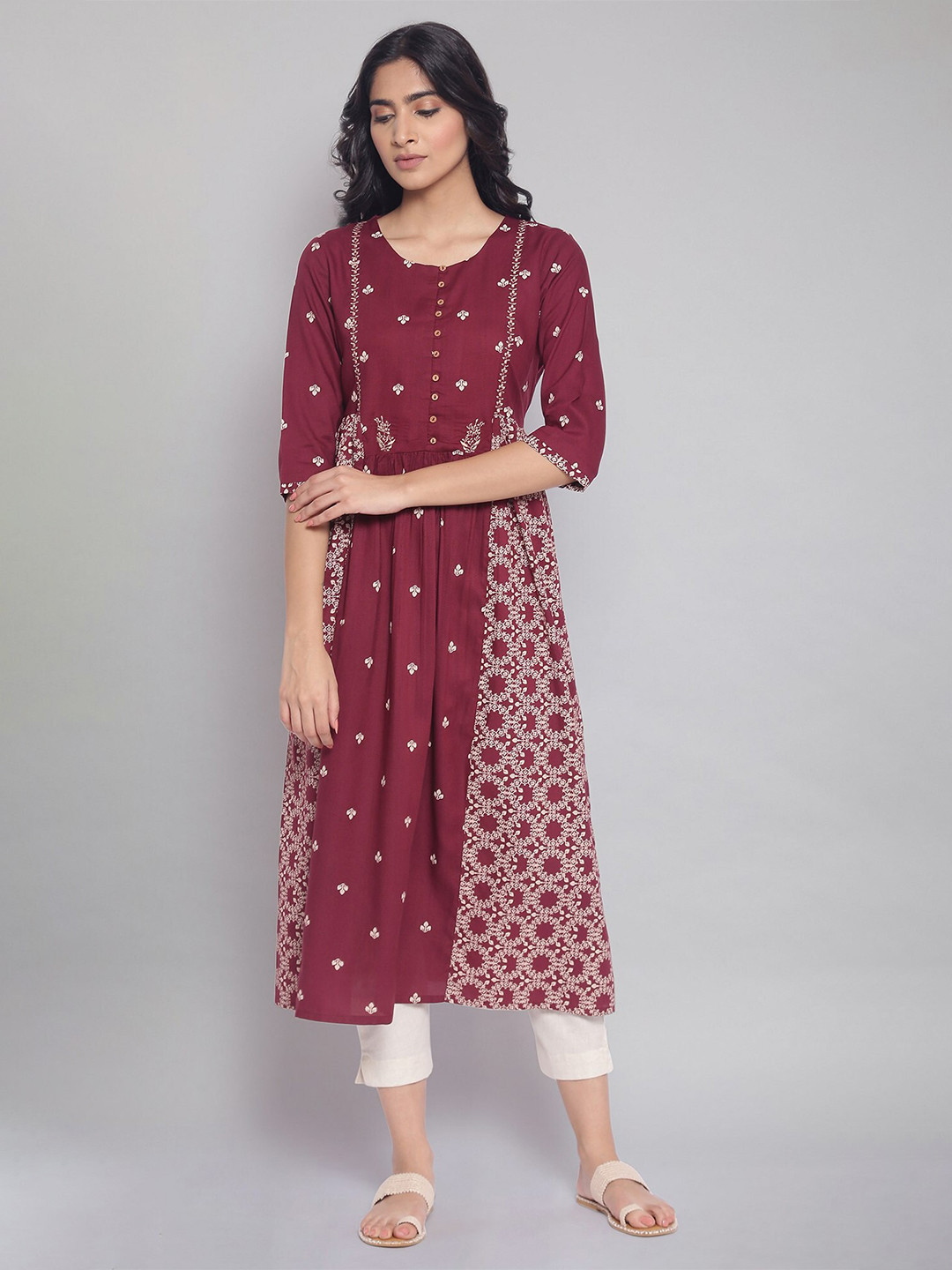 

W Red Ethnic Motifs A-Line Midi all-over print and embroidery yoke Dress