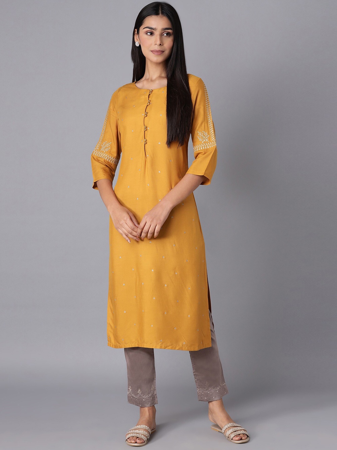 

W Women Yellow Embellished Thread Work Kurta