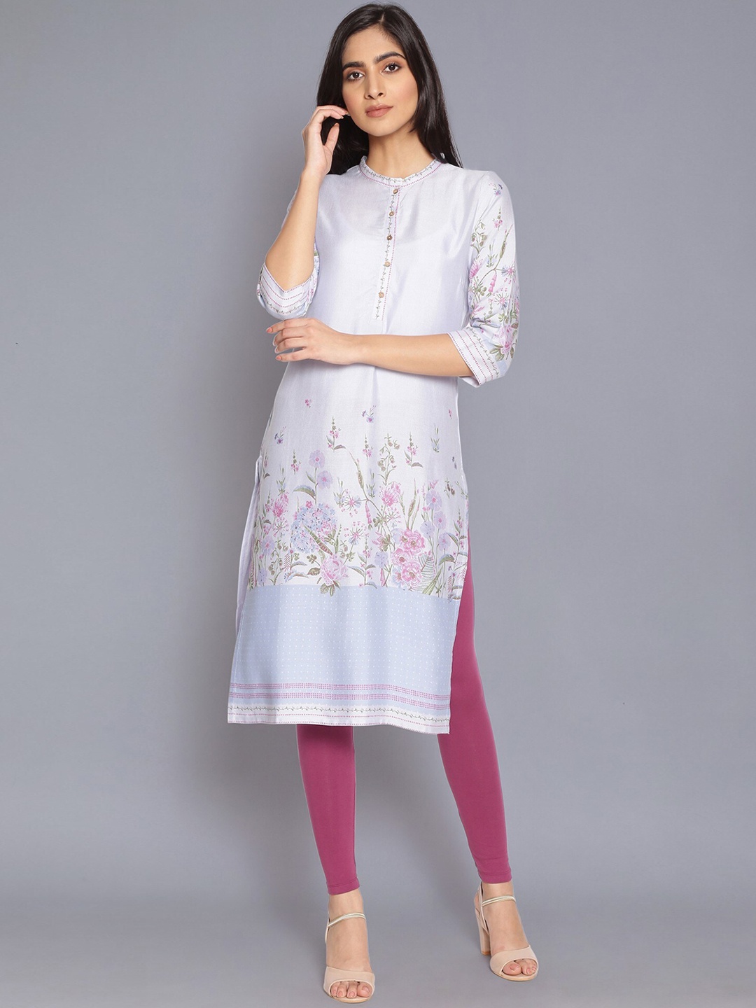 

W Women Blue Floral Embroidered Floral plcement print Thread Work Kurta