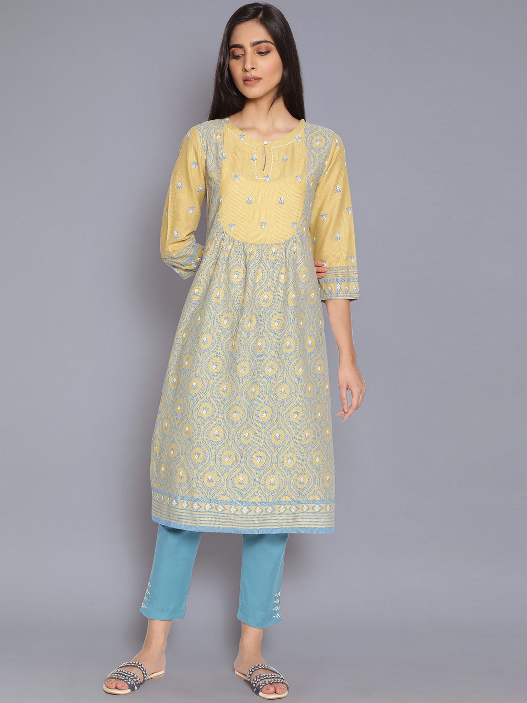 W Women Yellow Ethnic Motifs Printed Mirror Work Kurta