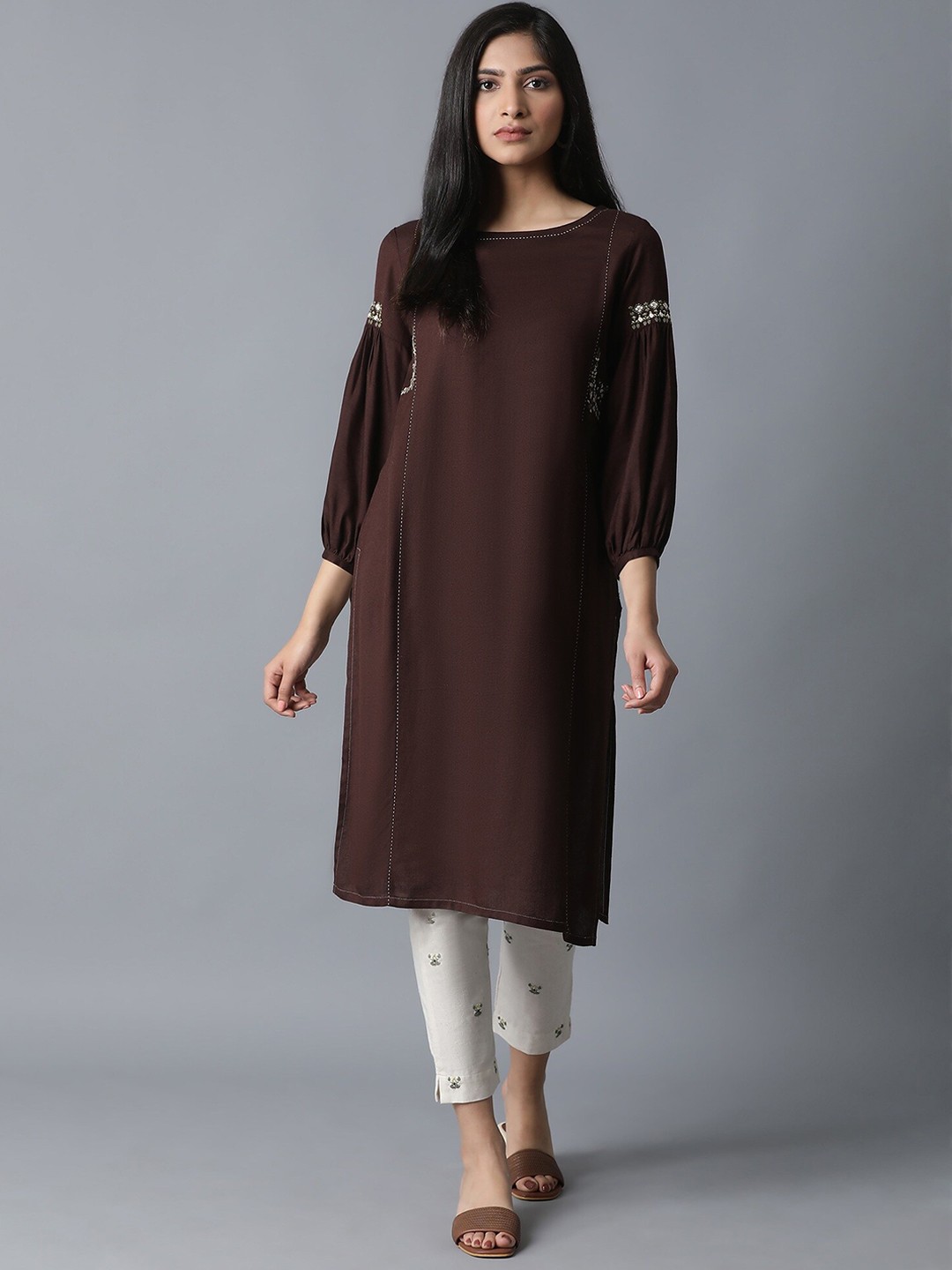 

W Women Brown Ethnic Motifs Embroidered Panelled Kurta with Trousers