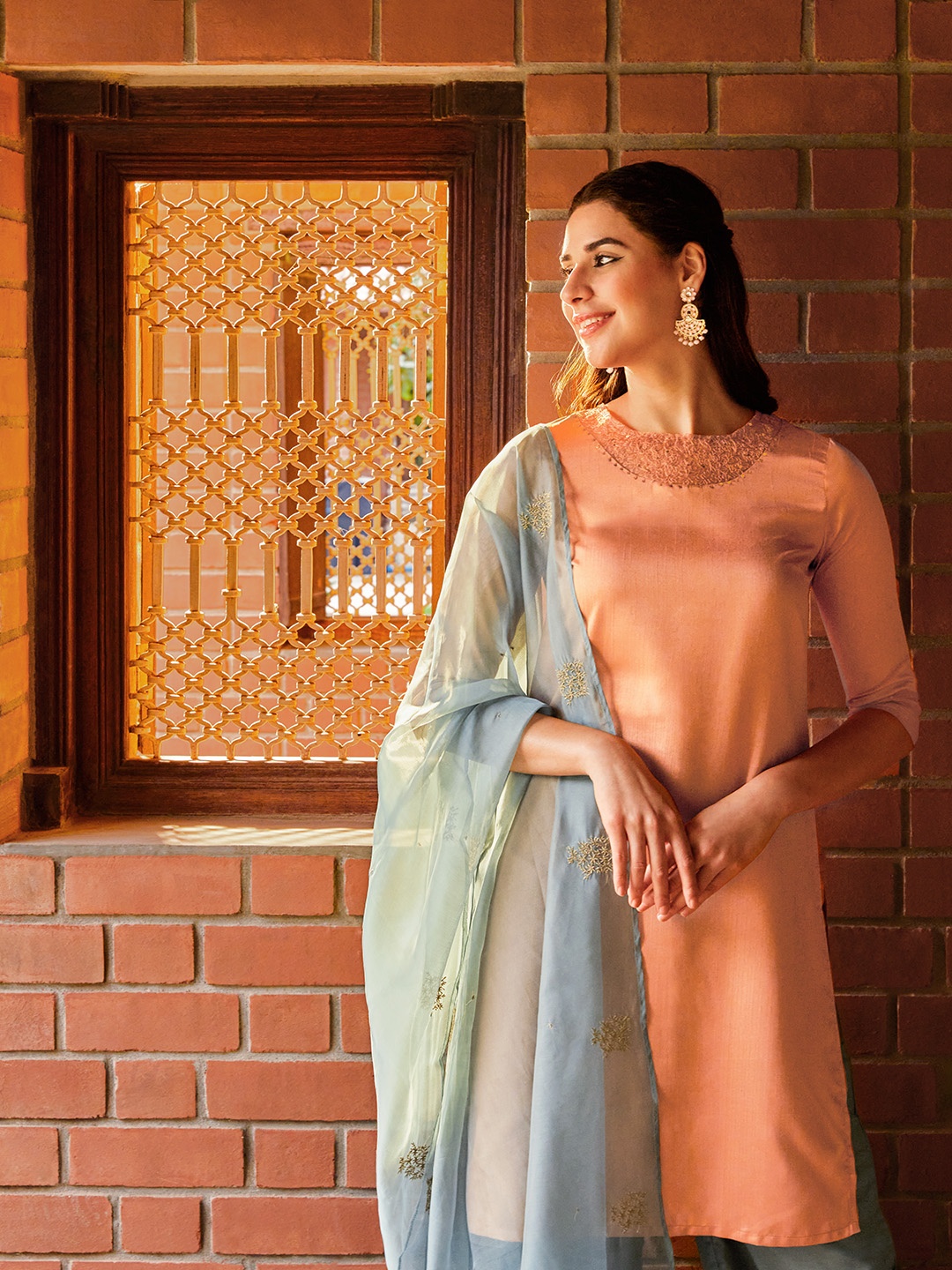 

W Women Orange Straight Kurta with Palazzos & With Dupatta