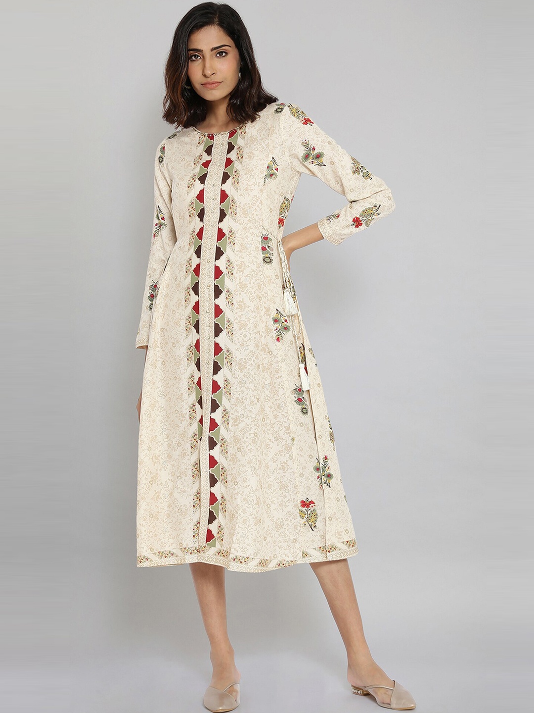 

W Women Beige Floral Embroidered Flared Sleeves Thread Work Kurta