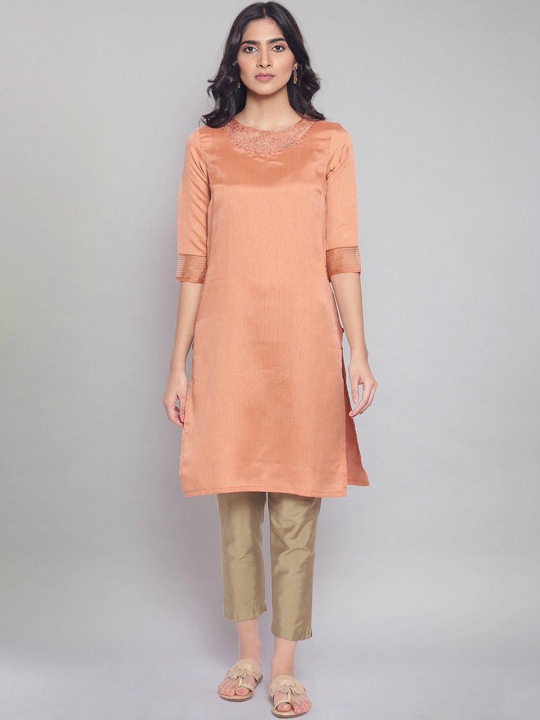 

W Women Orange Yoke Design Thread Work Kurta
