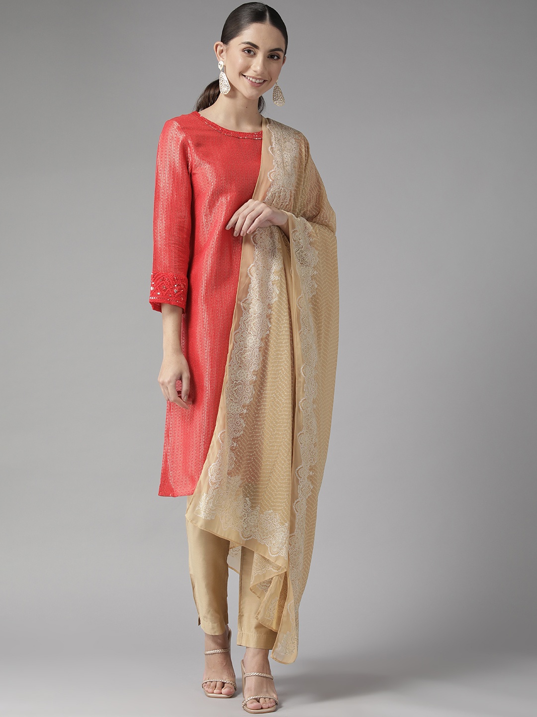 

W Printed Cotton Kurta with Trousers & Dupatta, Red