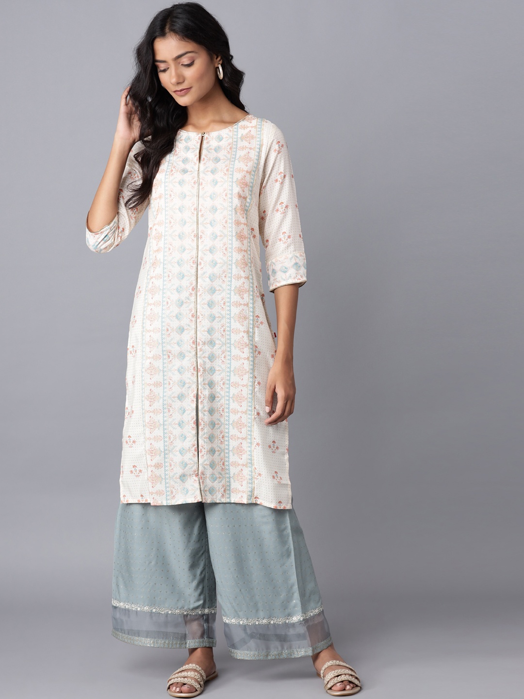 

W Women Beige Printed Keyhole Neck Gotta Patti Kurta