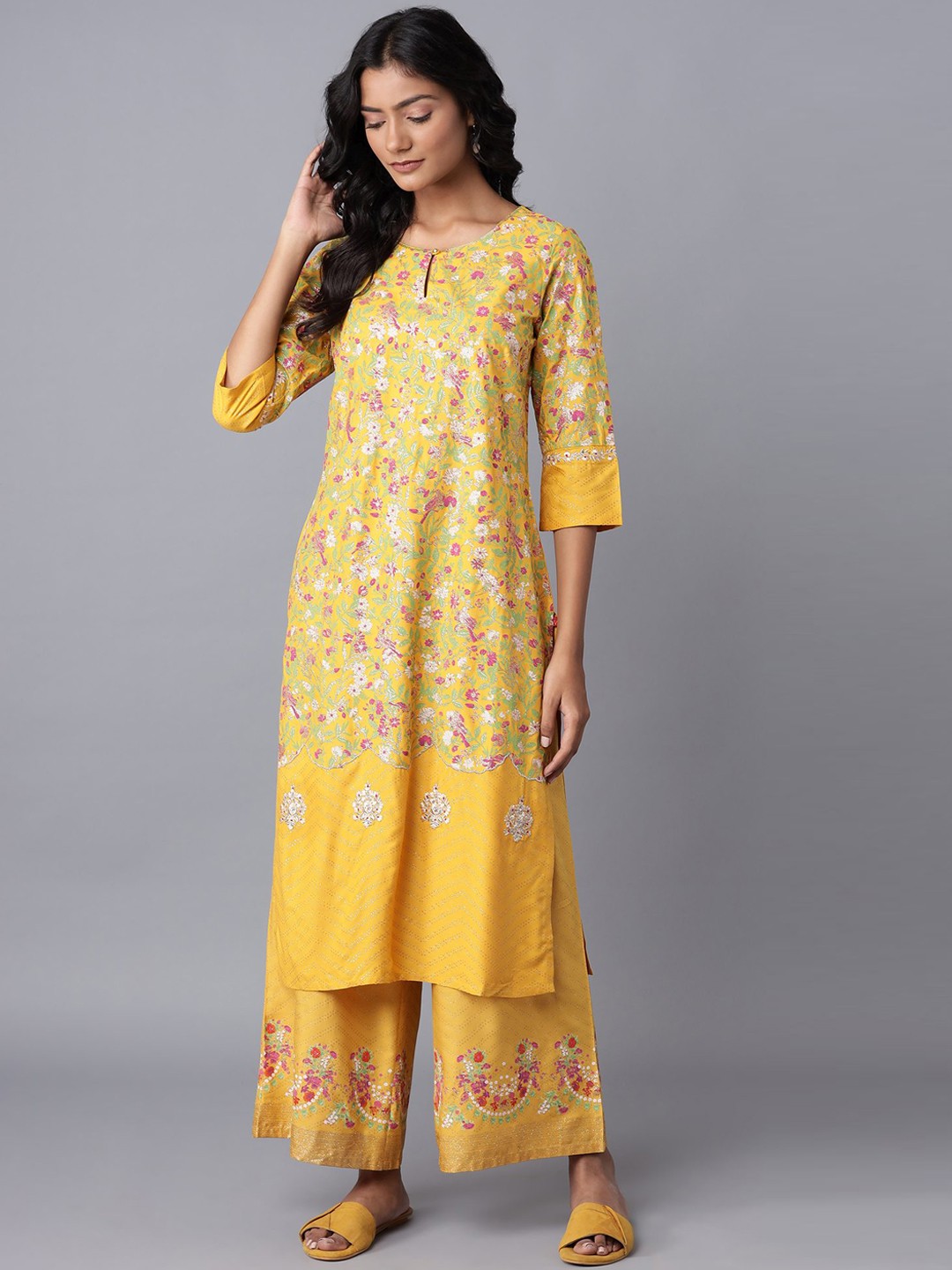 

W Women Yellow Floral Embroidered Keyhole Neck Thread Work Kurta