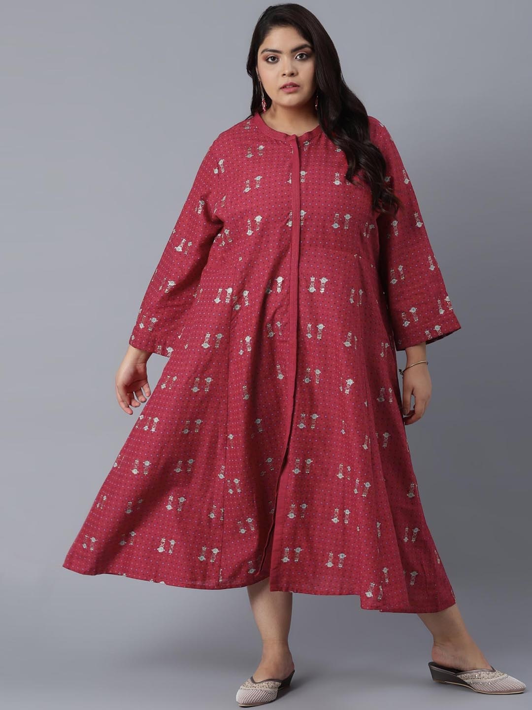 

W Women Red Geometric Checked Keyhole Neck Flared Sleeves Mirror Work Anarkali Kurta