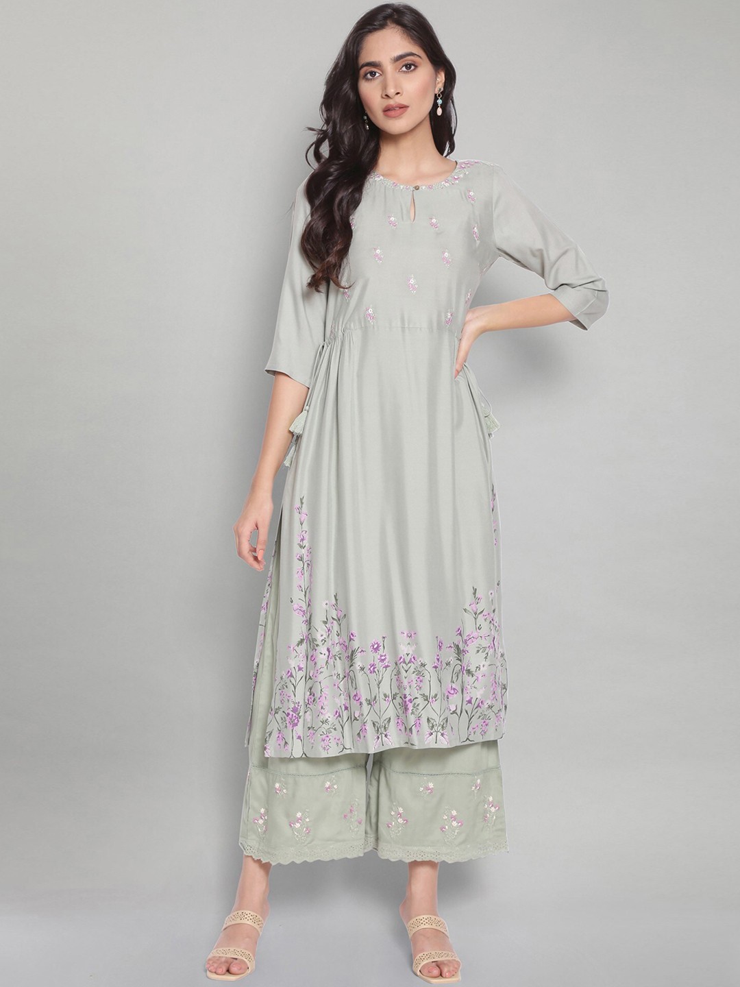 

W Women Grey Ethnic Motifs Embroidered Empire Kurta with Palazzos