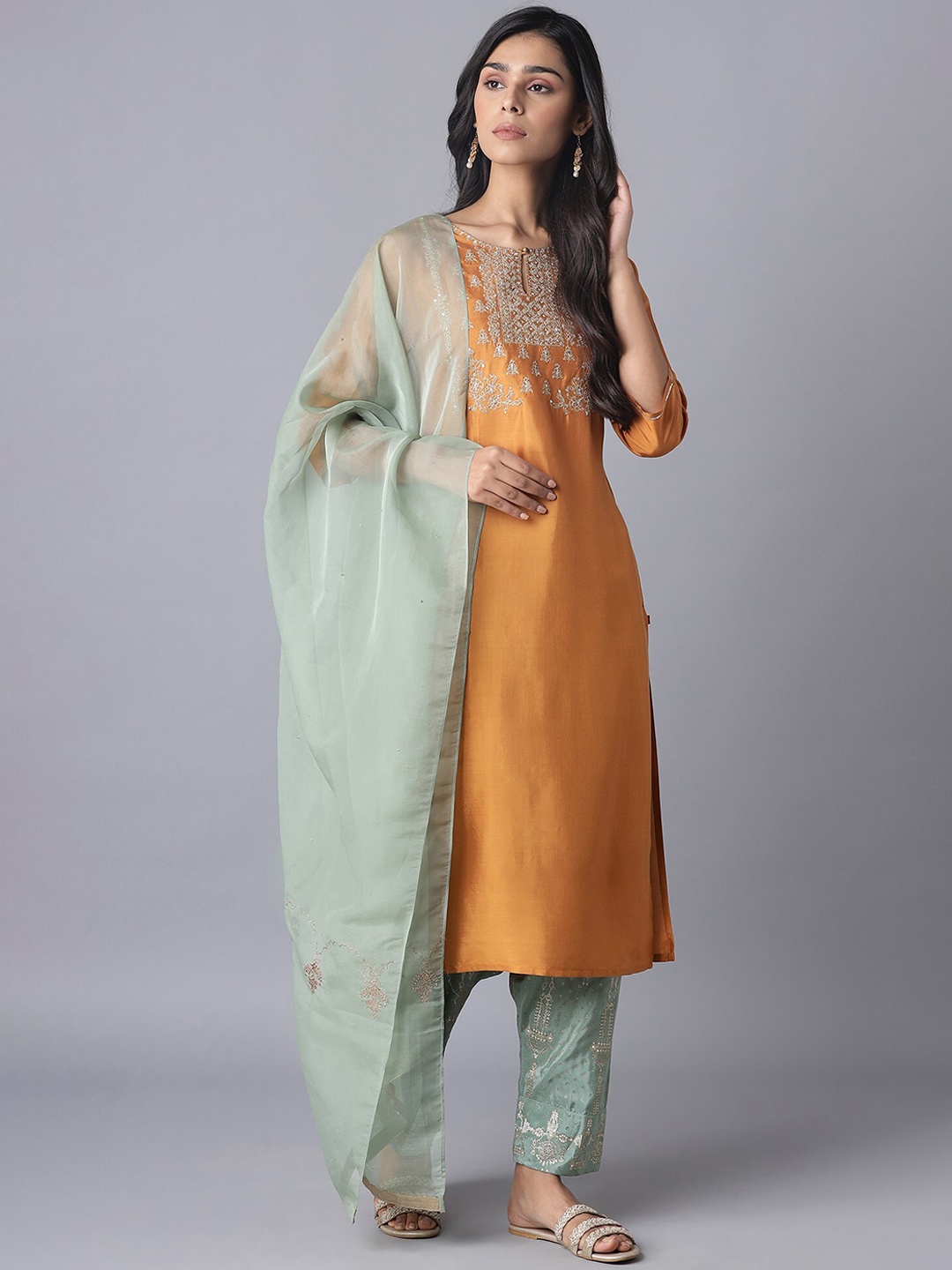 

W Women Orange Floral Yoke Design Kurta with Trousers & Dupatta