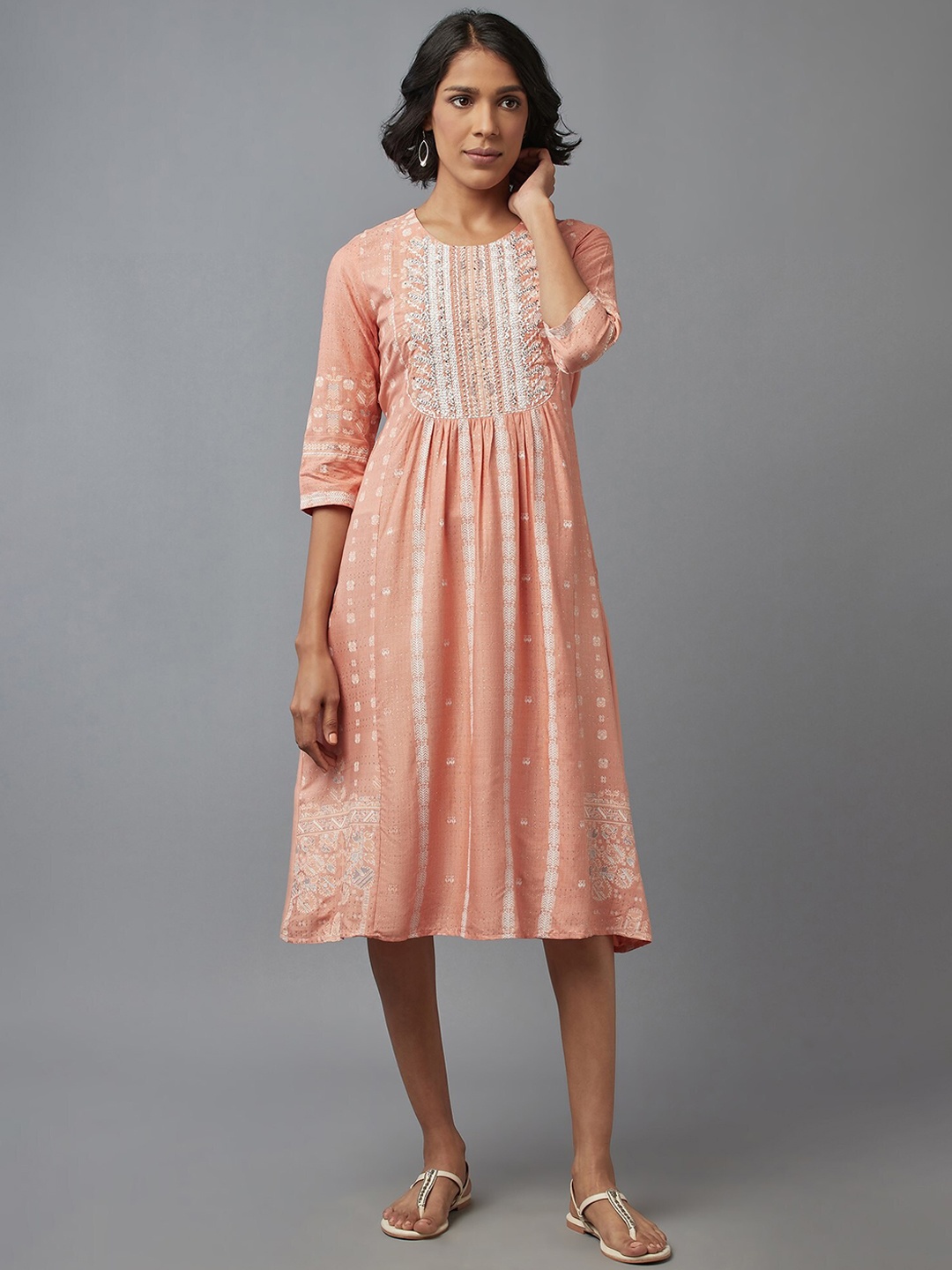 

W Women Orange Ethnic Motifs Striped Flared Sleeves Thread Work Kurta