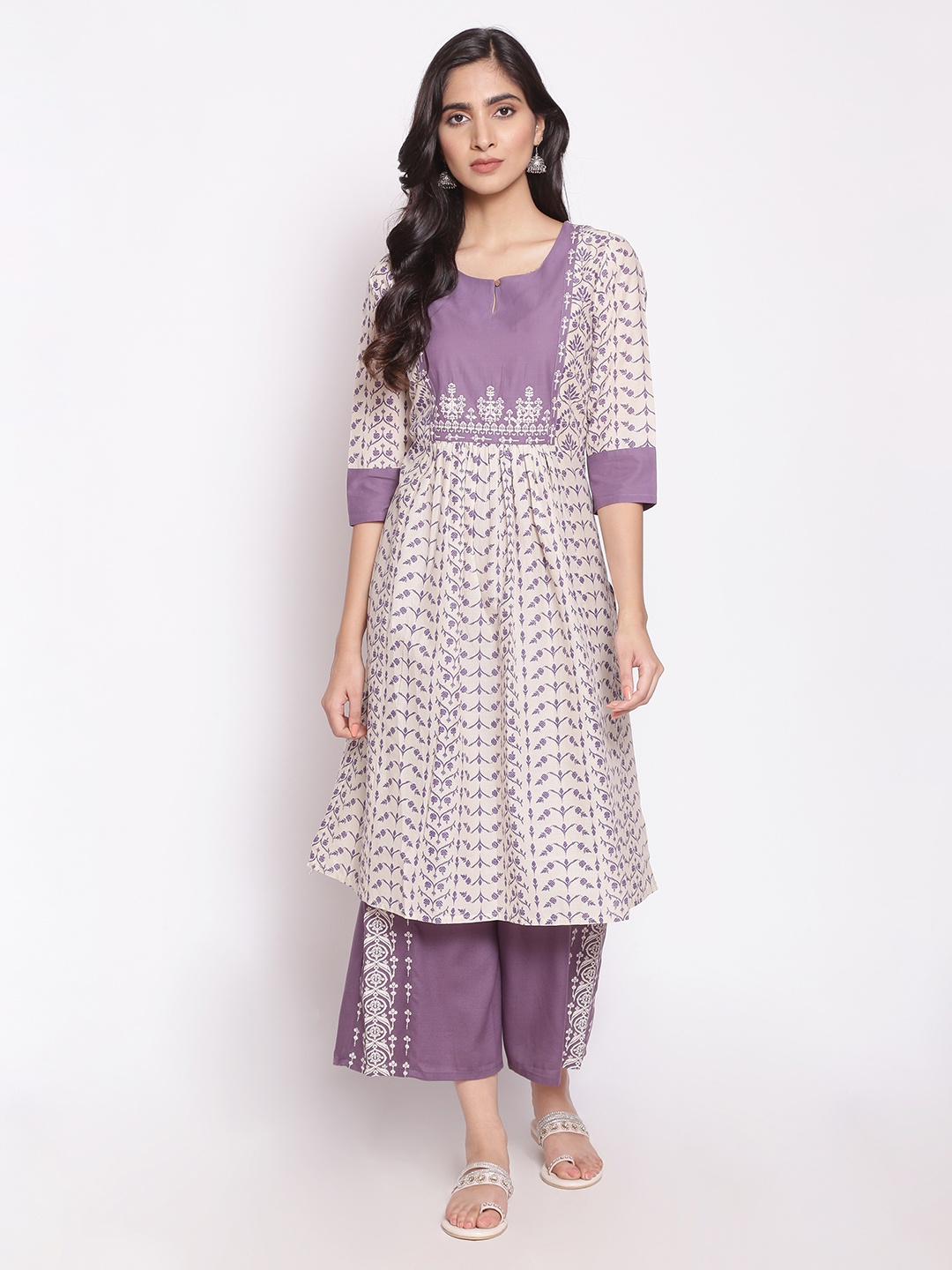 

W Women Beige Geometric Printed Flared Sleeves Thread Work Anarkali Kurta