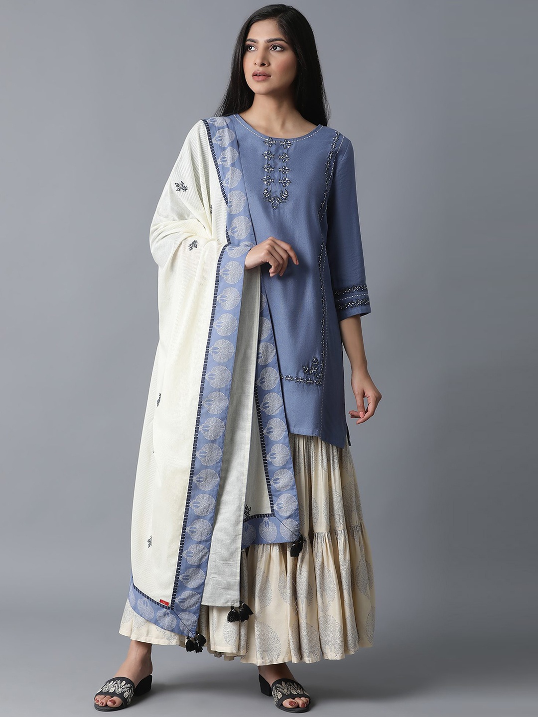 

W Women Blue Striped Layered Kurti with Sharara & Dupatta