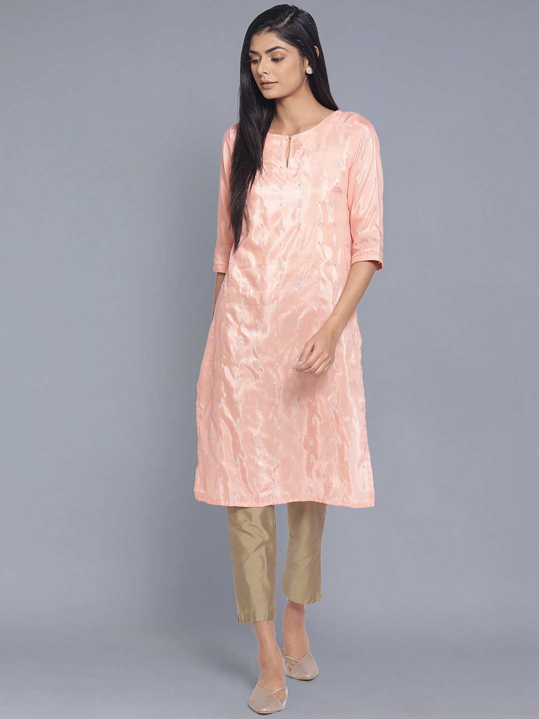 

W Women Pink Ethnic Motifs Embroidered Keyhole Neck Chikankari Kurta