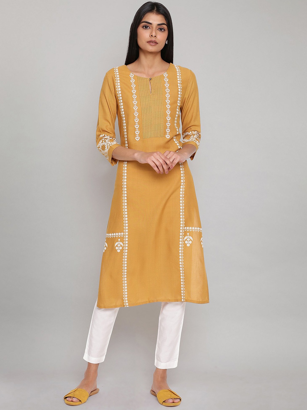 

W Women Yellow Geometric Yoke Design Keyhole Neck Thread Work Kurta
