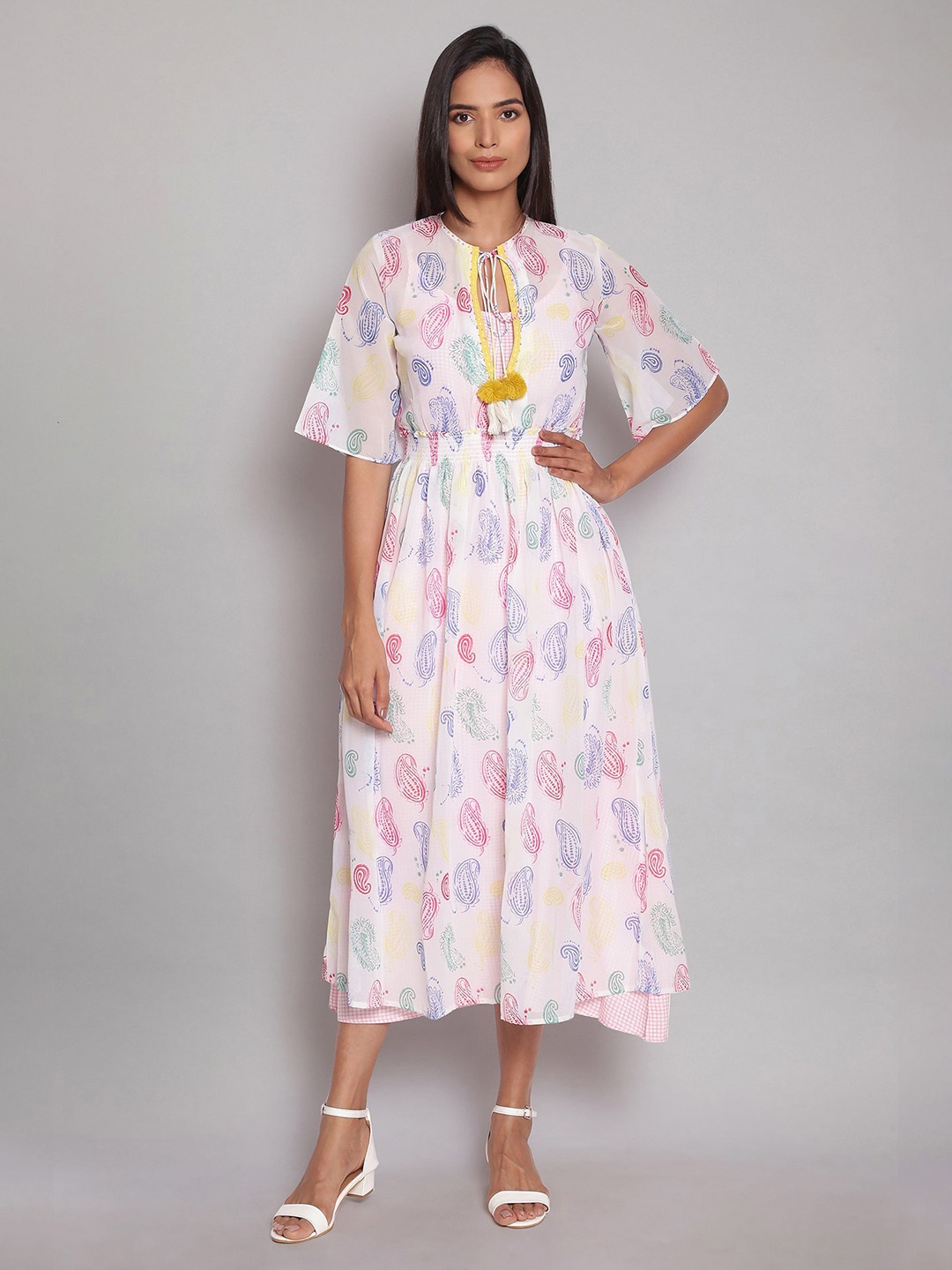 

W Beige Floral Tie-Up Neck Midi Dress