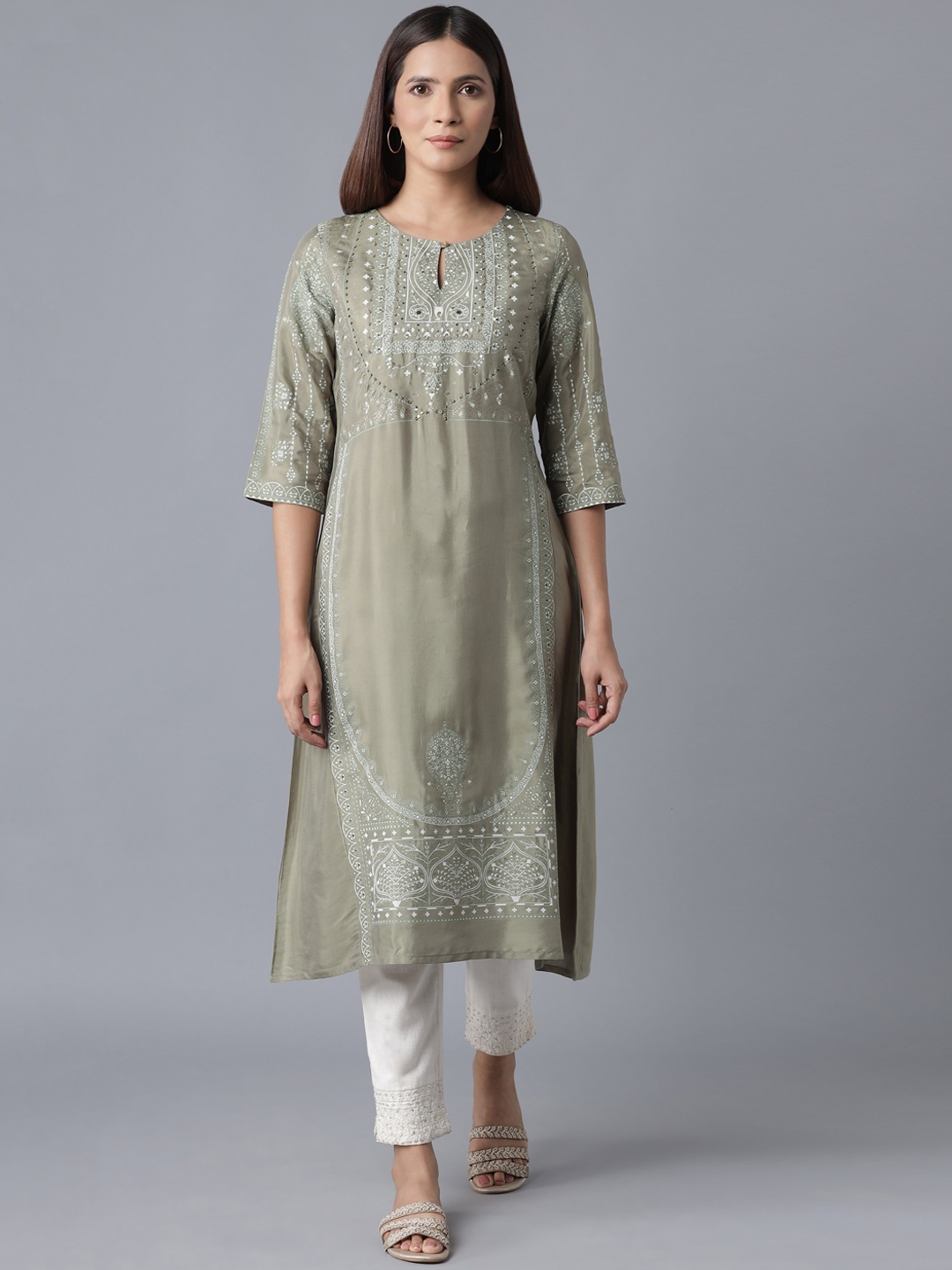 

W Women Grey Ethnic Motifs Embroidered Keyhole Neck Kurta