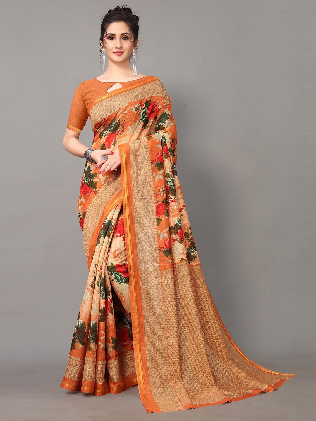 

HRITIKA Orange & Beige Floral Silk Blend Saree