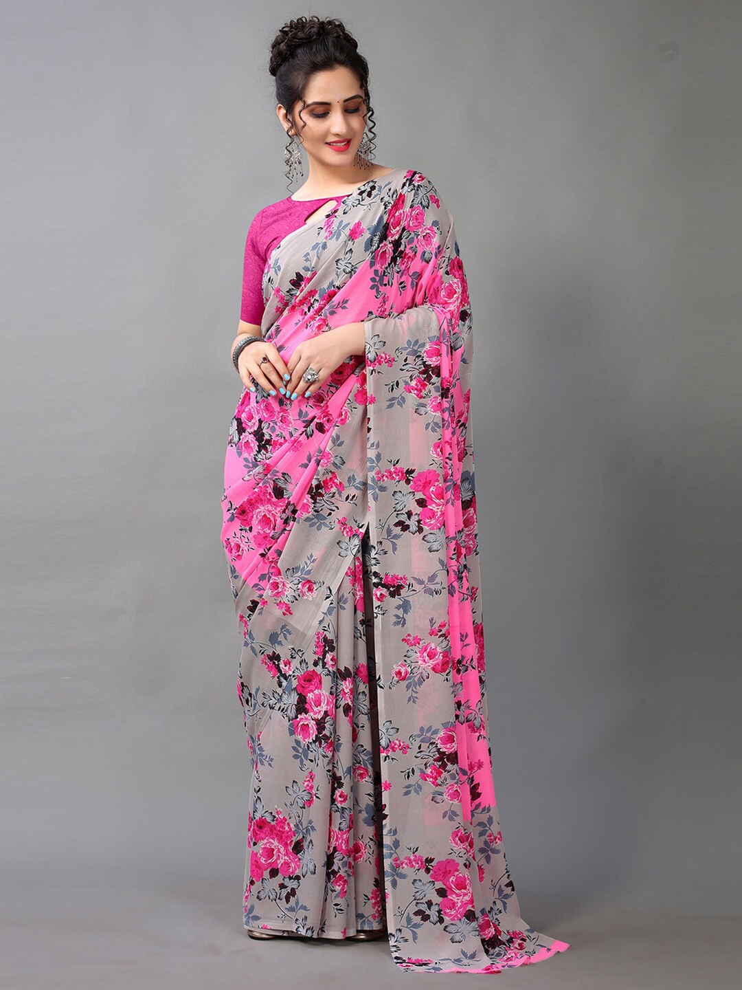

HRITIKA Pink & Grey Floral Print Saree