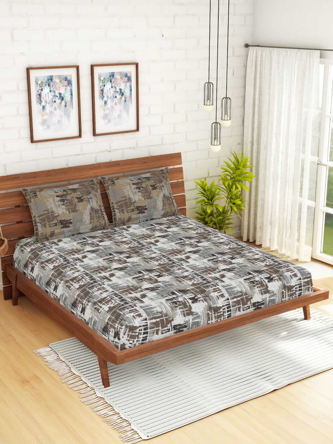 

SPACES Brown & Off White Geometric 144 TC Queen Bedsheet with 2 Pillow Covers