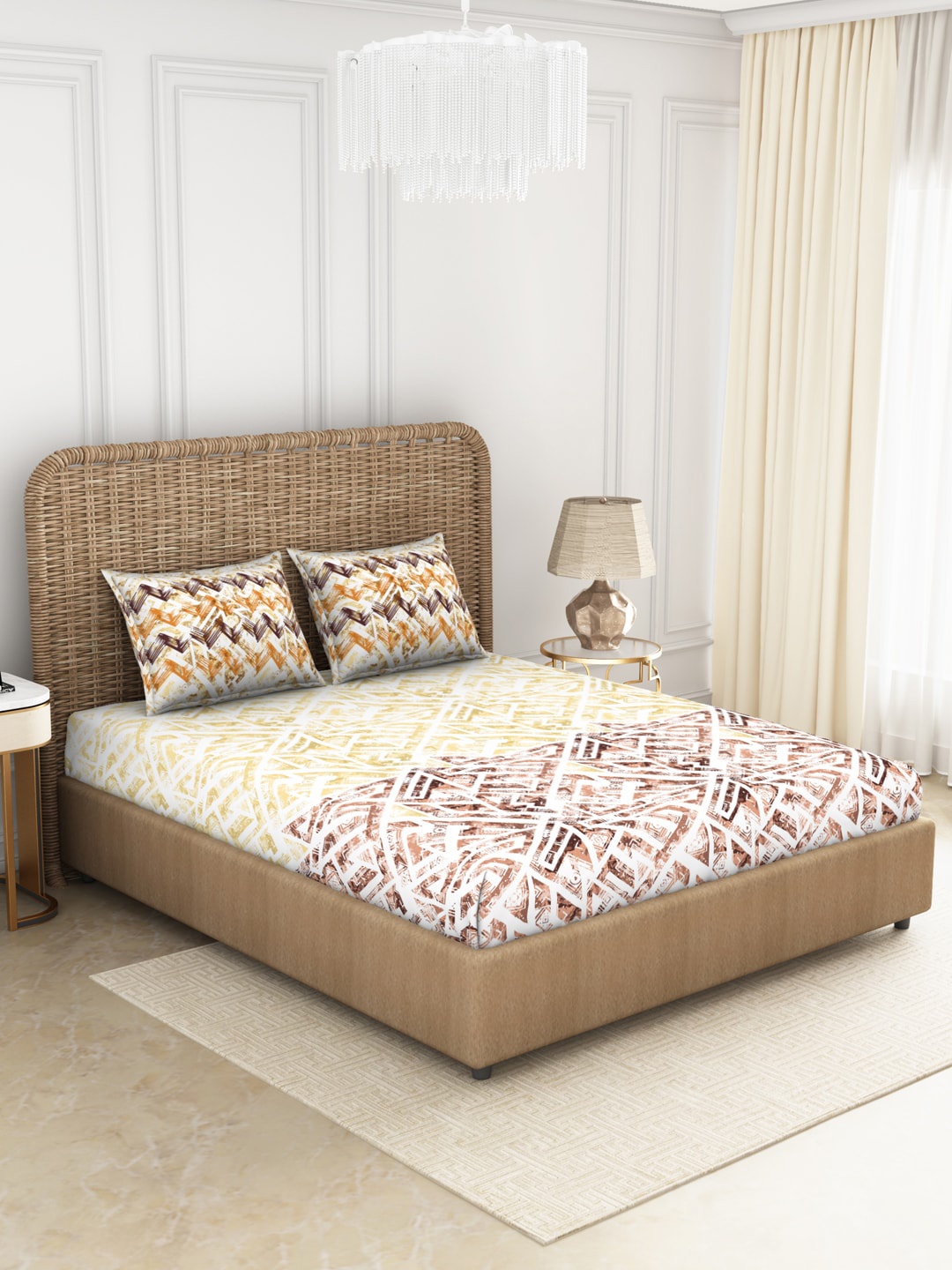 

SPACES Brown & White Geometric 144 TC Cotton Queen Bedsheet with 2 Pillow Covers