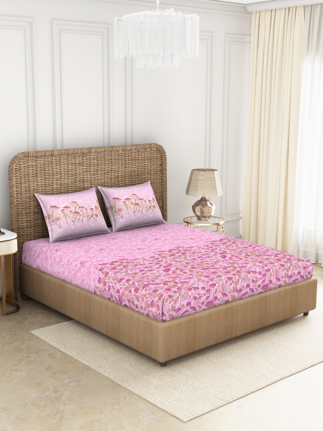 

SPACES Pink & Violet Floral 144 TC King Fitted Bedsheet with 2 Pillow Covers