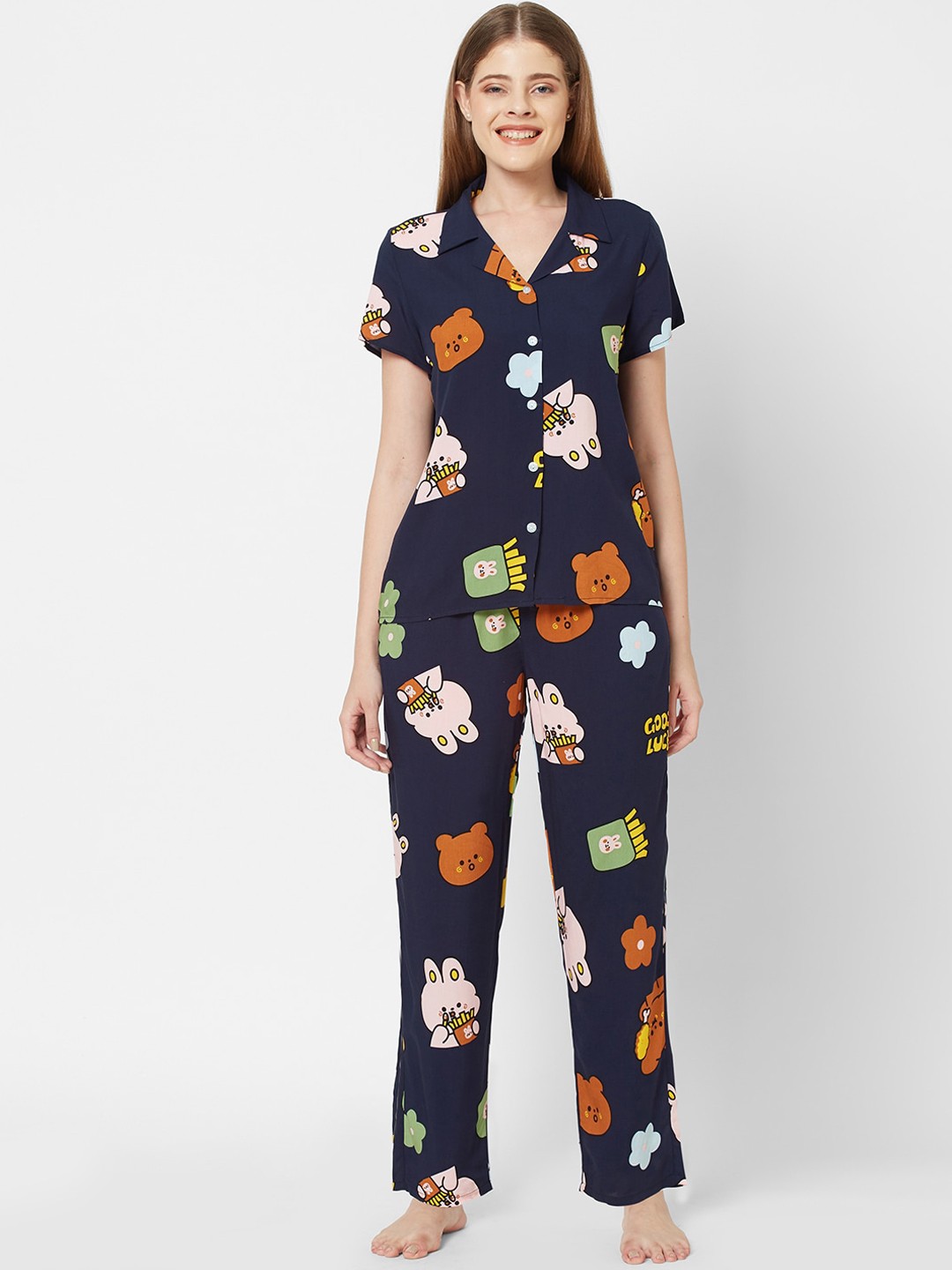 

SDL by Sweet Dreams Women Navy Blue Printed Pure Cotton Night suit