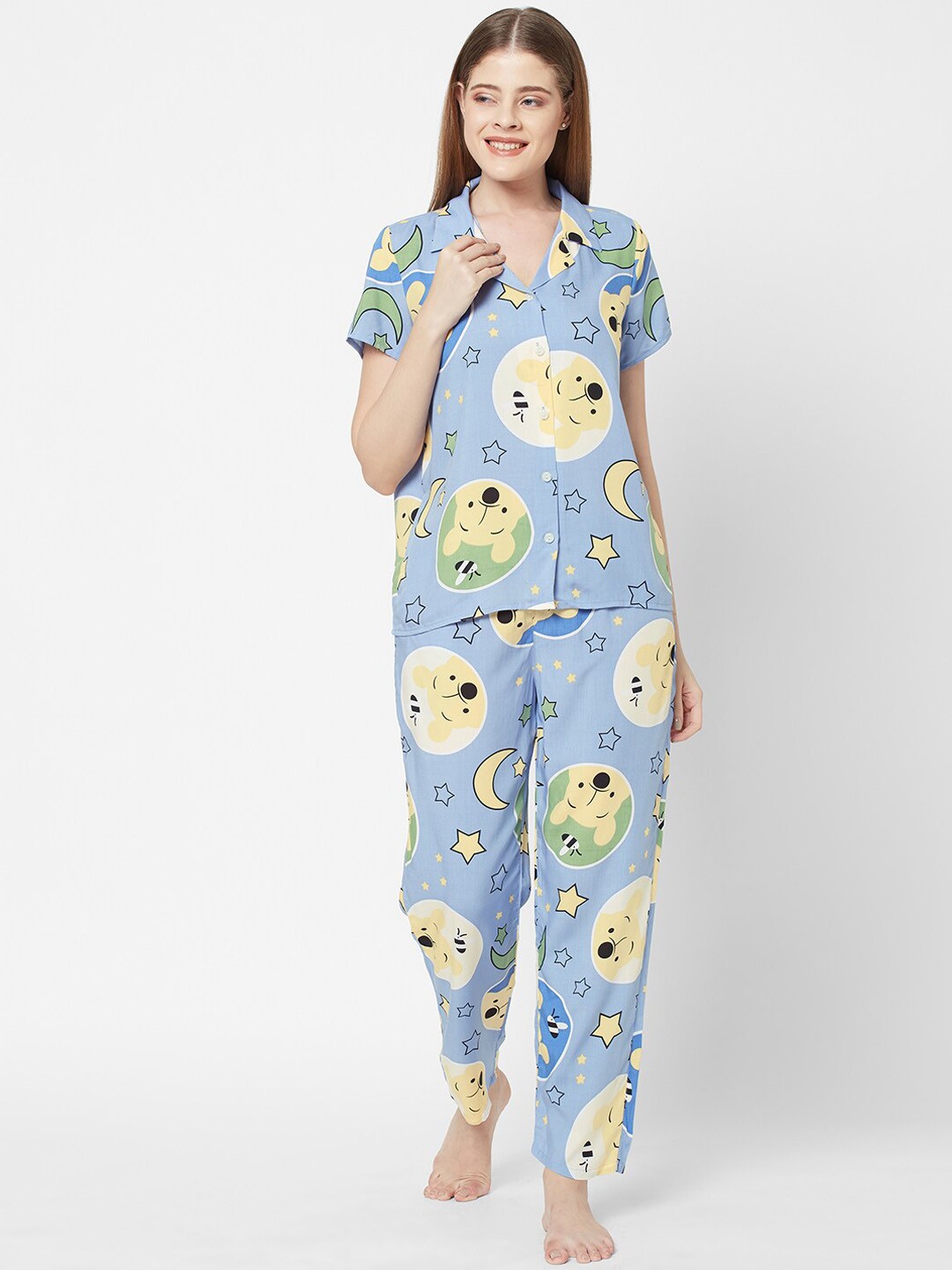 

SDL by Sweet Dreams Women Blue & Yellow Printed Pure Cotton Night suit