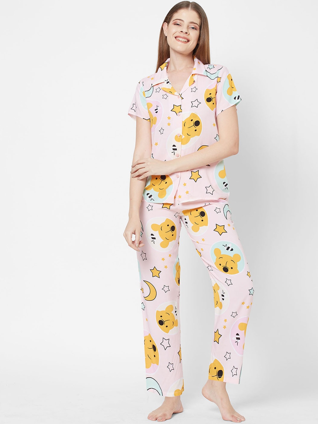 

SDL by Sweet Dreams Women Pink & Mustard Printed Pure Cotton Night suit