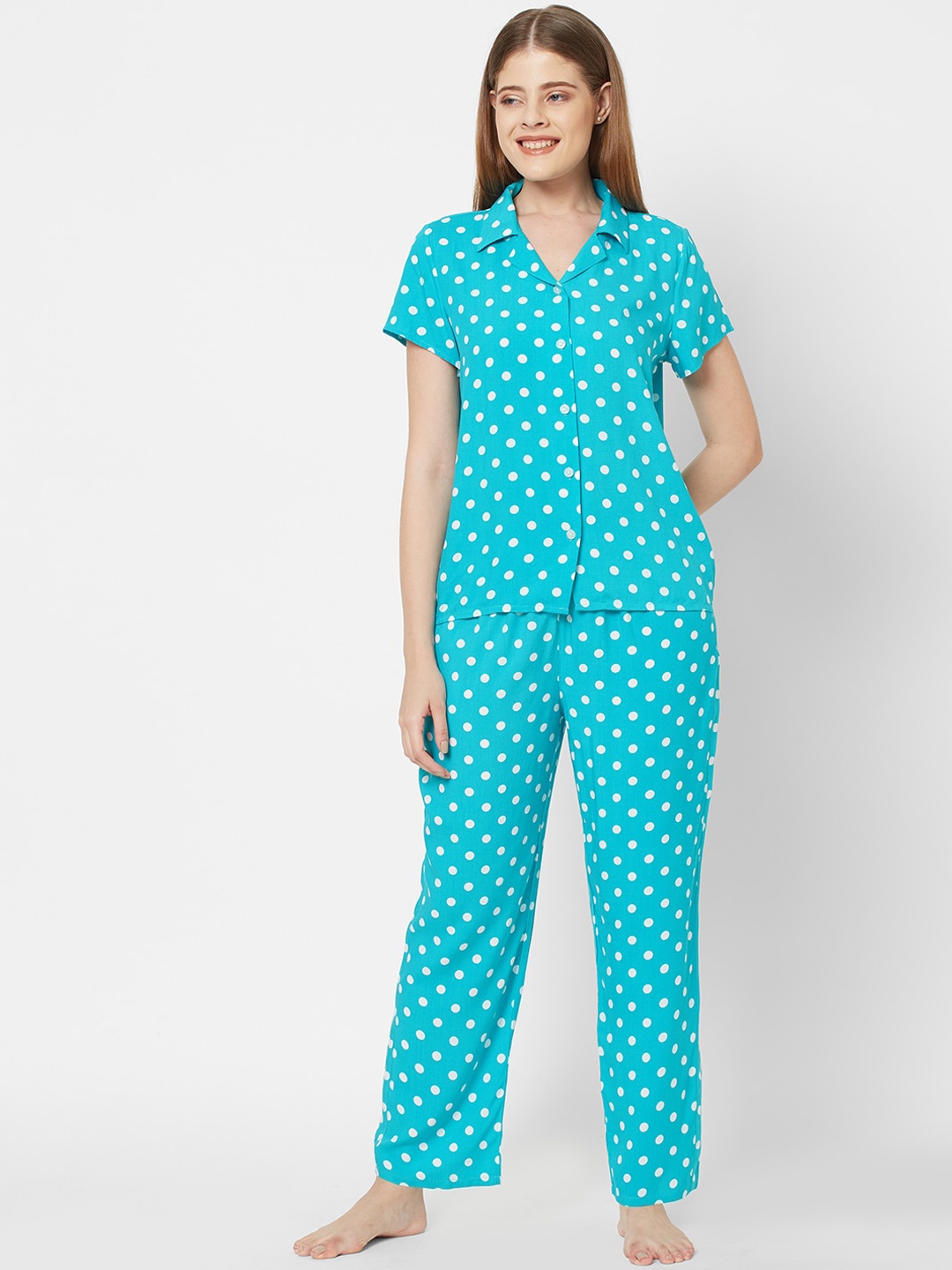 

SDL by Sweet Dreams Women Blue & White Printed Night suit