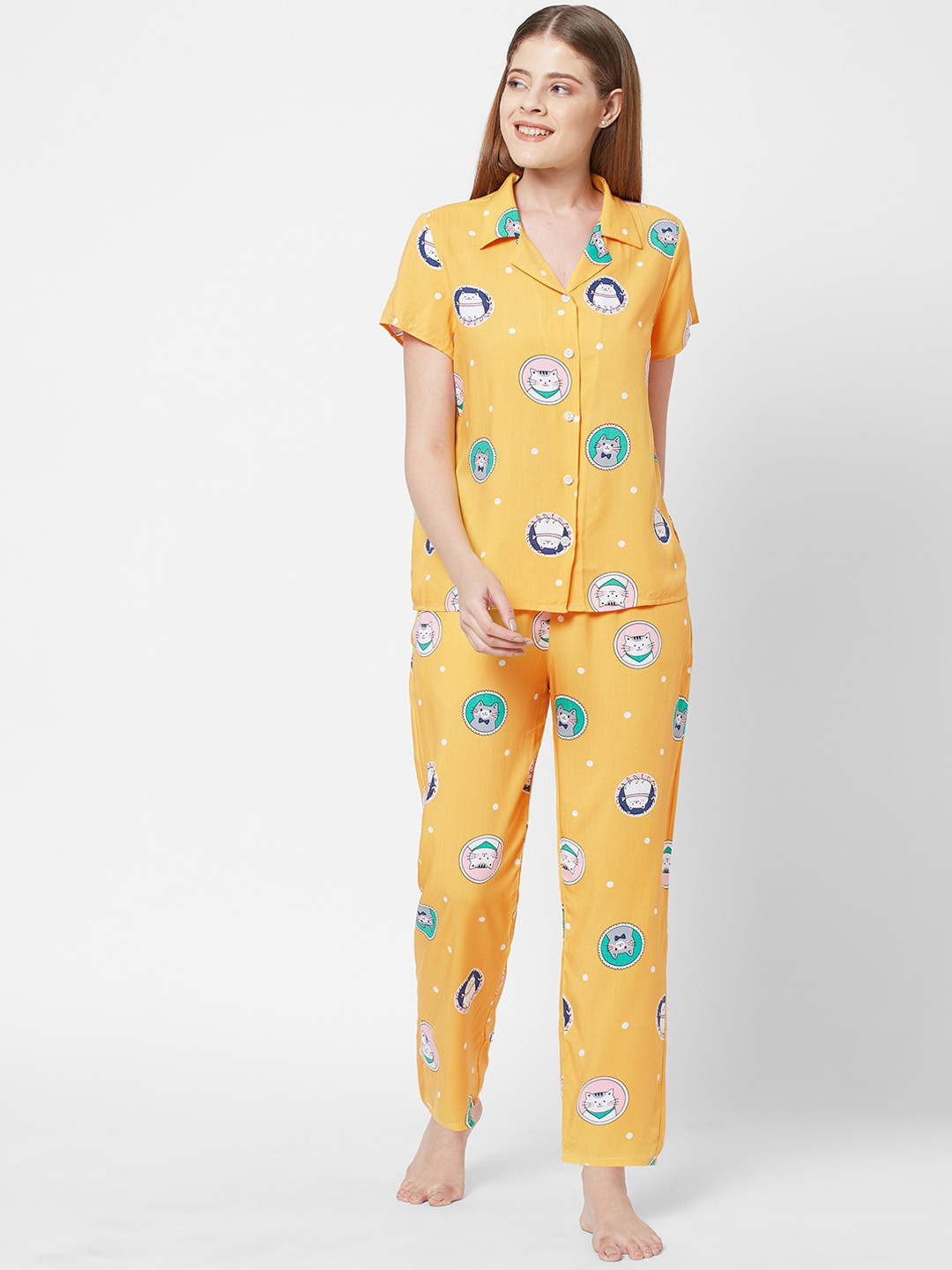 

SDL by Sweet Dreams Women Yellow Printed Pure Cotton Night suit