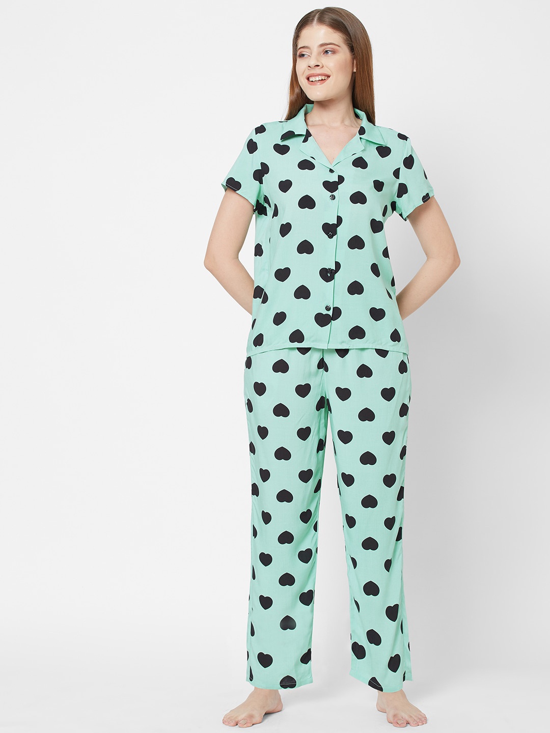 

SDL by Sweet Dreams Women Green Printed Pure Cotton Night suit